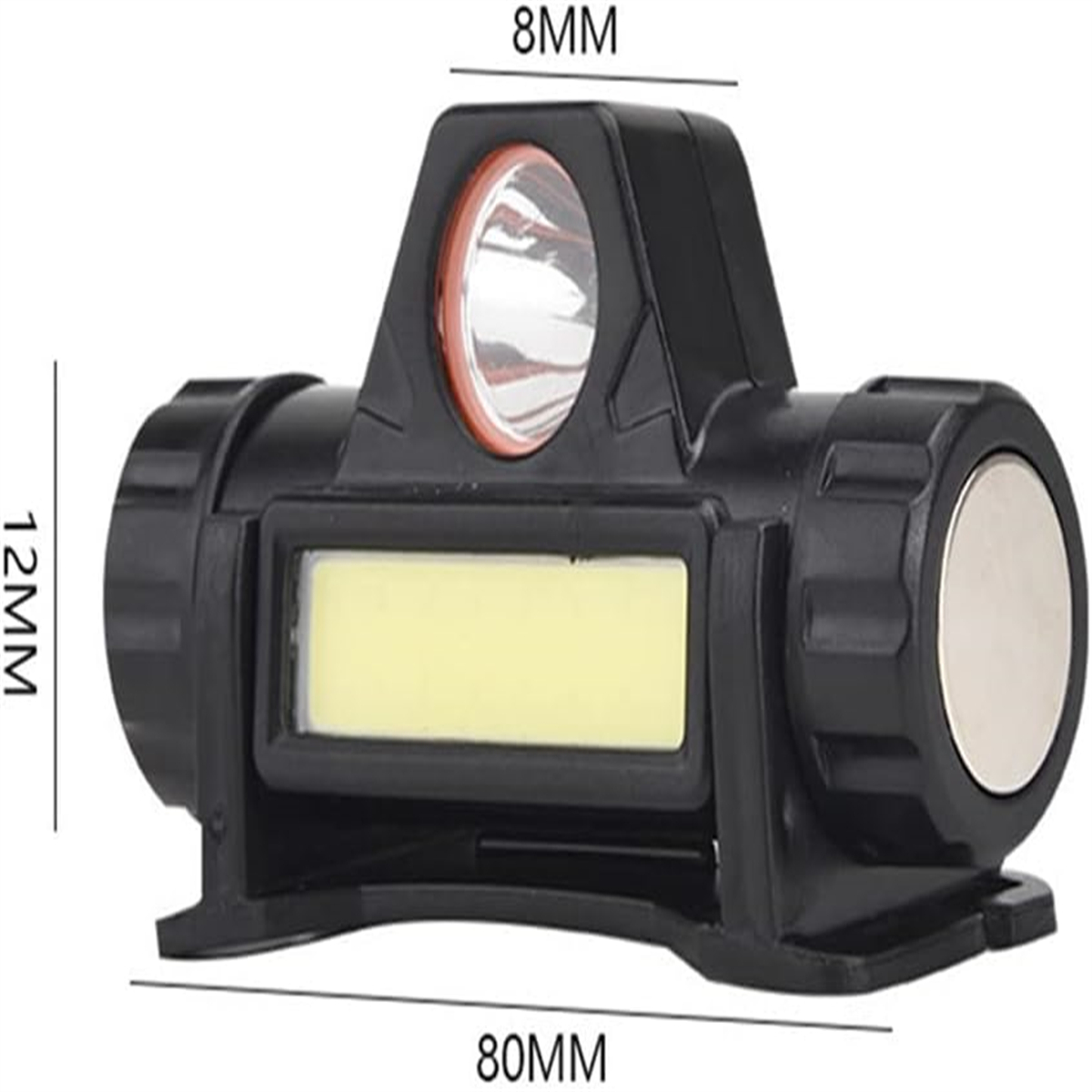 Eine schwarze Stirnlampe mit rechteckigem LED-Licht und kreisförmigem Licht, mit Maßen in mm beschriftet.