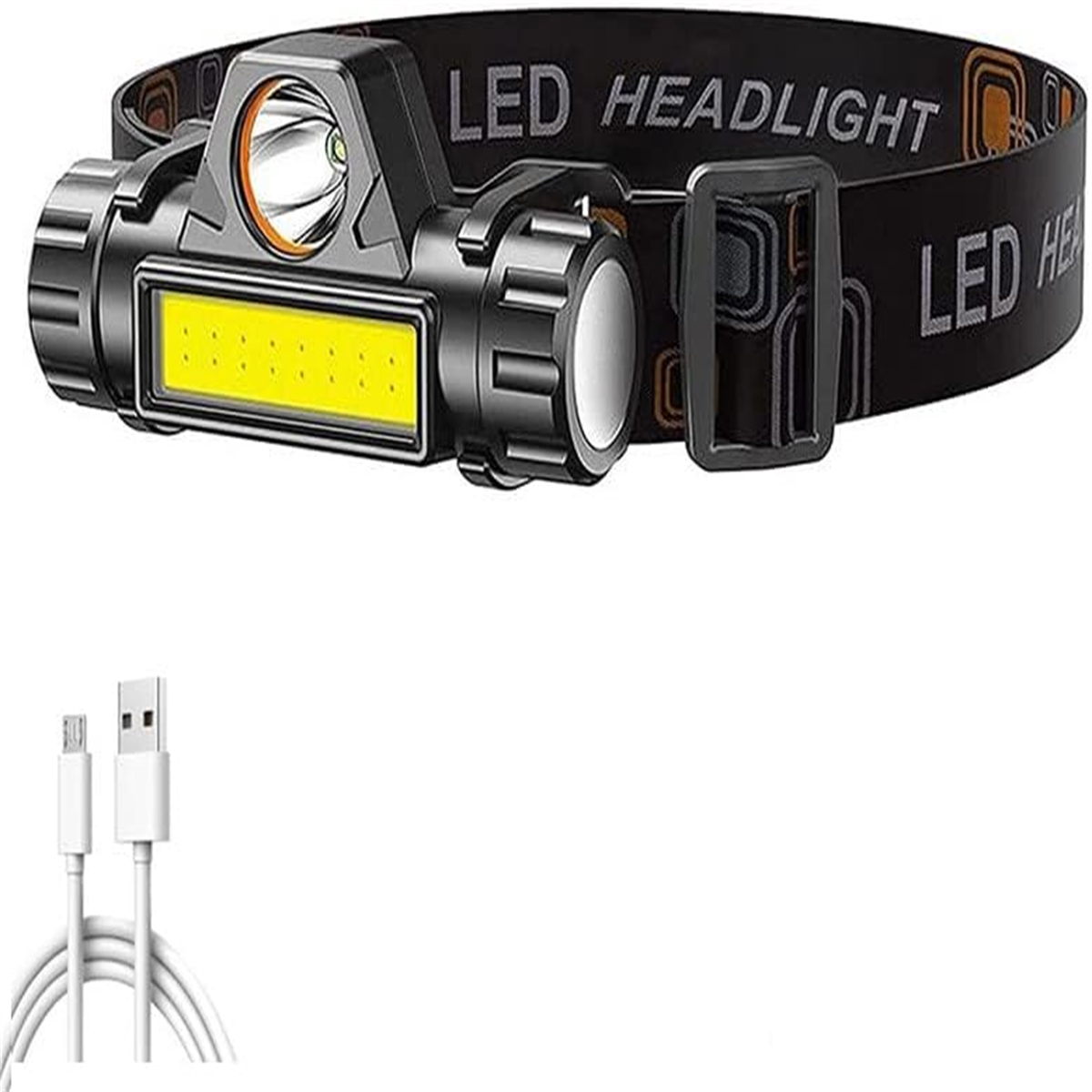 Schwarzer LED-Scheinwerfer mit hellem Licht, gelbem COB-Licht und USB-Kabel.