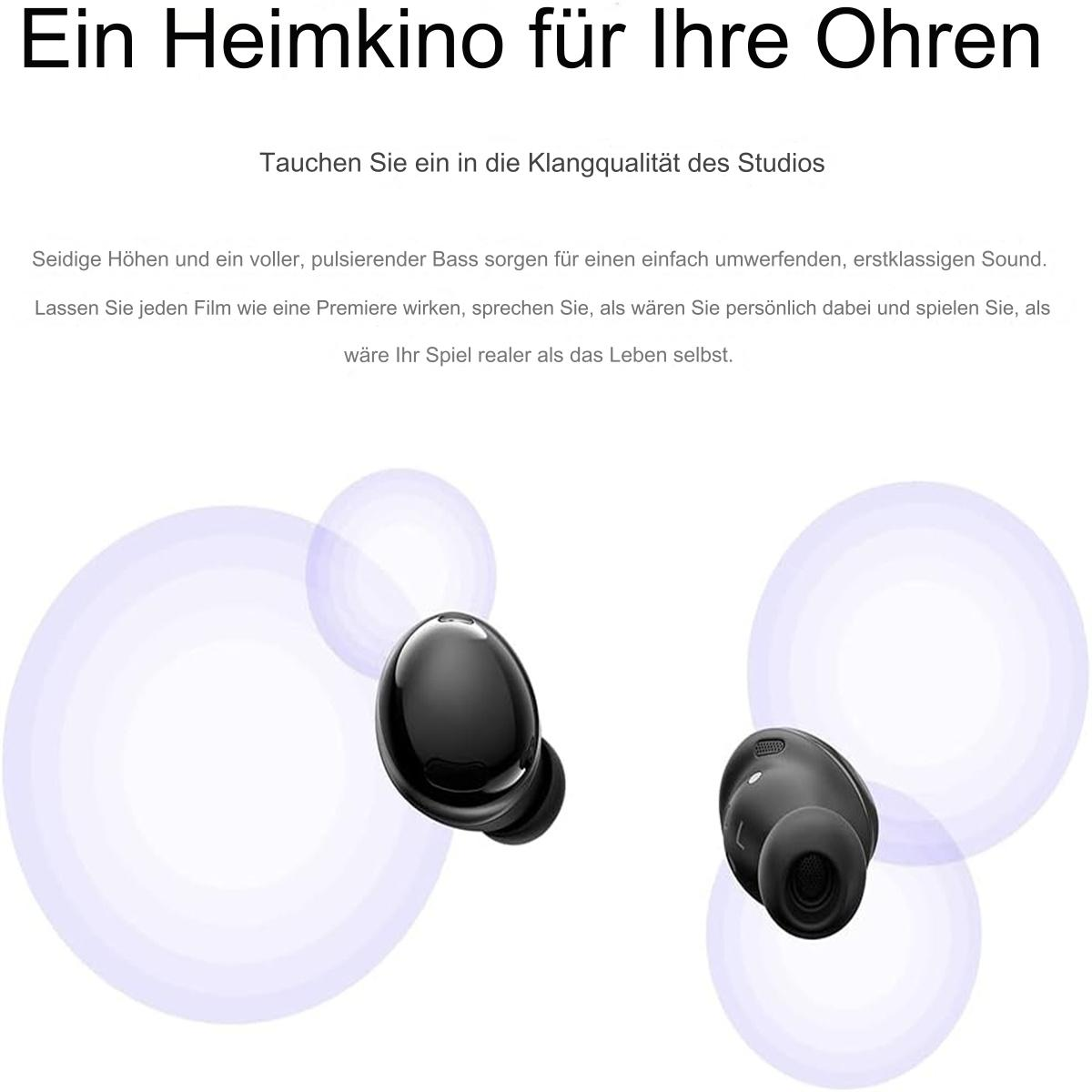 Zwei schwarze Ohrhörer auf weißem Hintergrund mit lilafarbenen Kreisen.