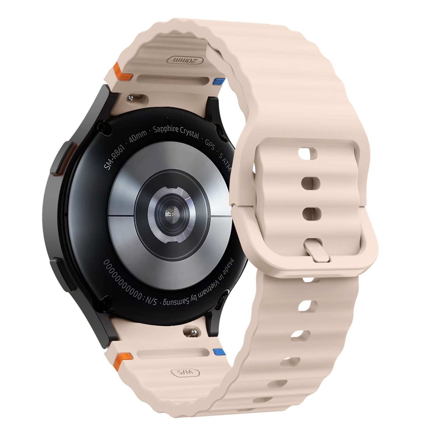 Eine Samsung Galaxy Uhr mit beigem Armband, die die Rückseite und die Details zeigt.