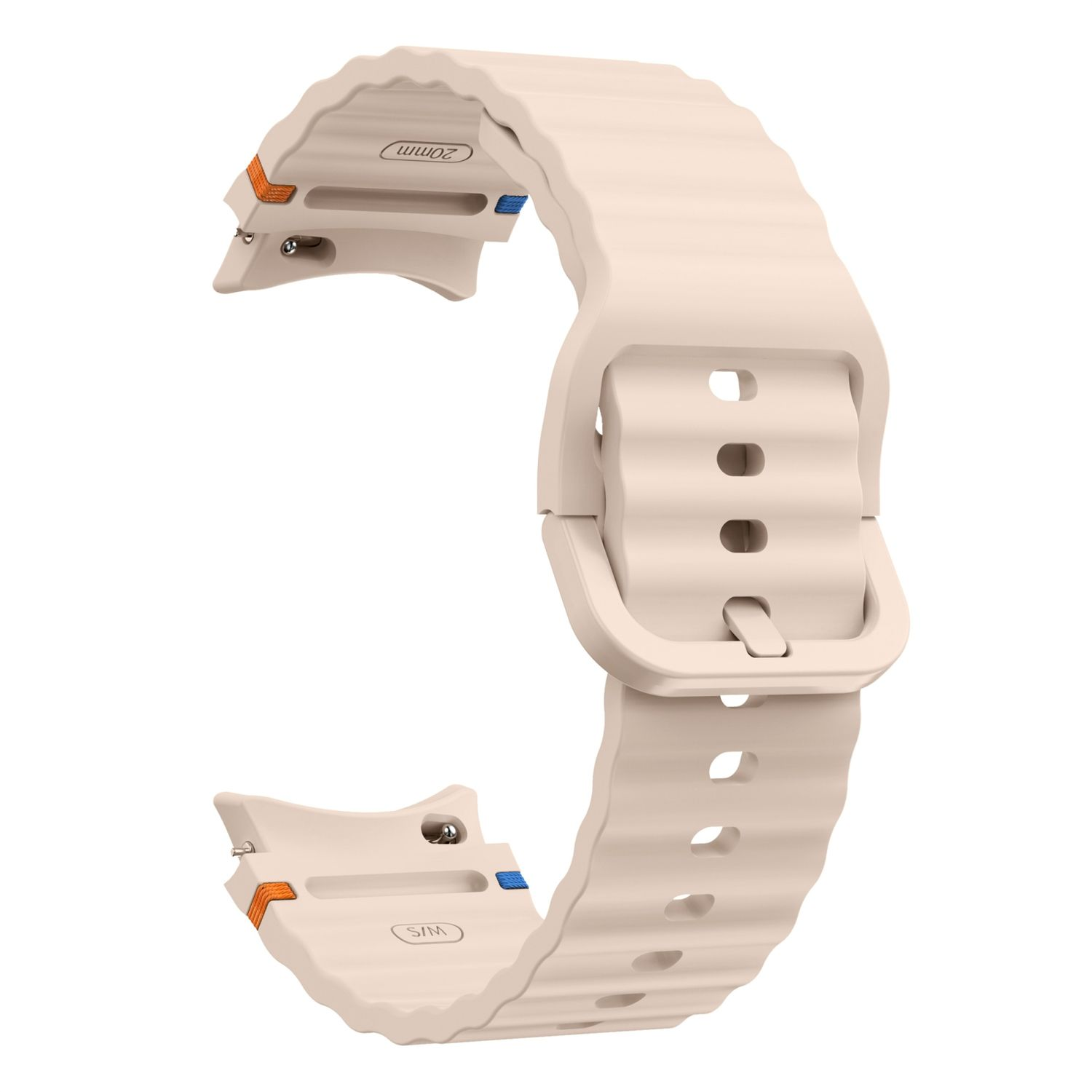 Ein cremefarbenes Uhrenarmband mit einer Schnalle. Das Armband hat ein wellenförmiges Muster. Text: 20mm, S/M.