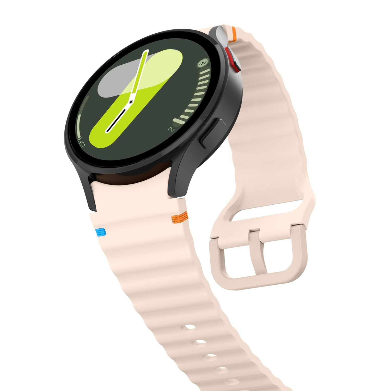 Eine runde, schwarze Smartwatch mit beigem Armband.