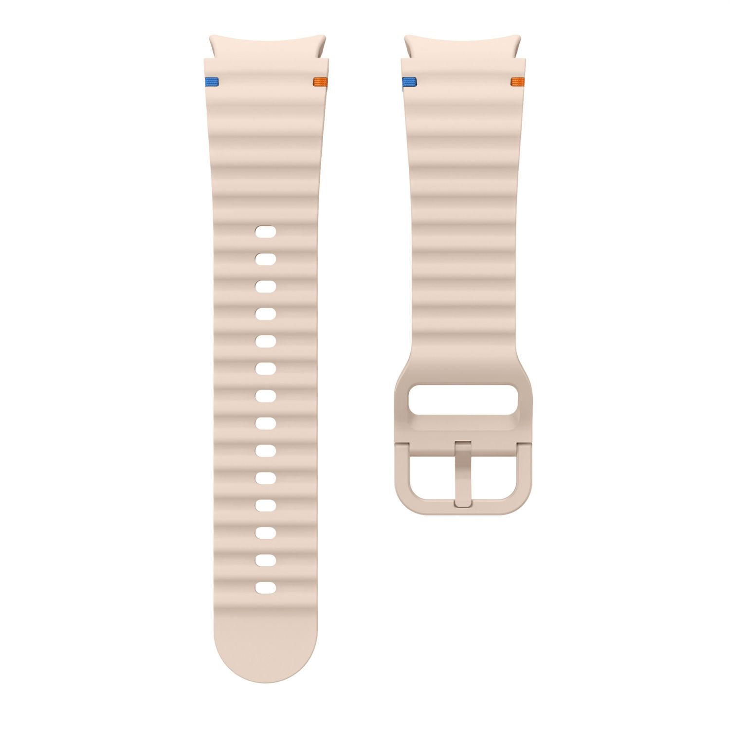 Zwei beige Uhrenarmbänder mit orangefarbenen und blauen Akzenten an den Enden. Jedes hat ein geripptes Design und Löcher.