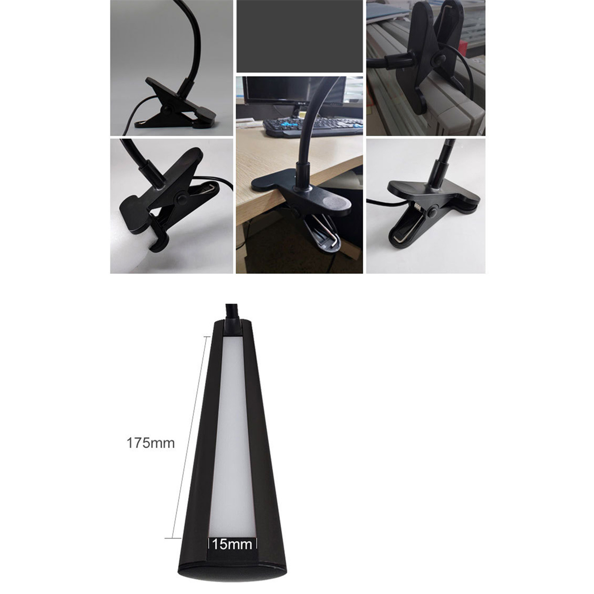 Verschiedene Ansichten einer schwarzen Schreibtischlampe mit flexiblem Hals. Enthält die Maße der Lampe.