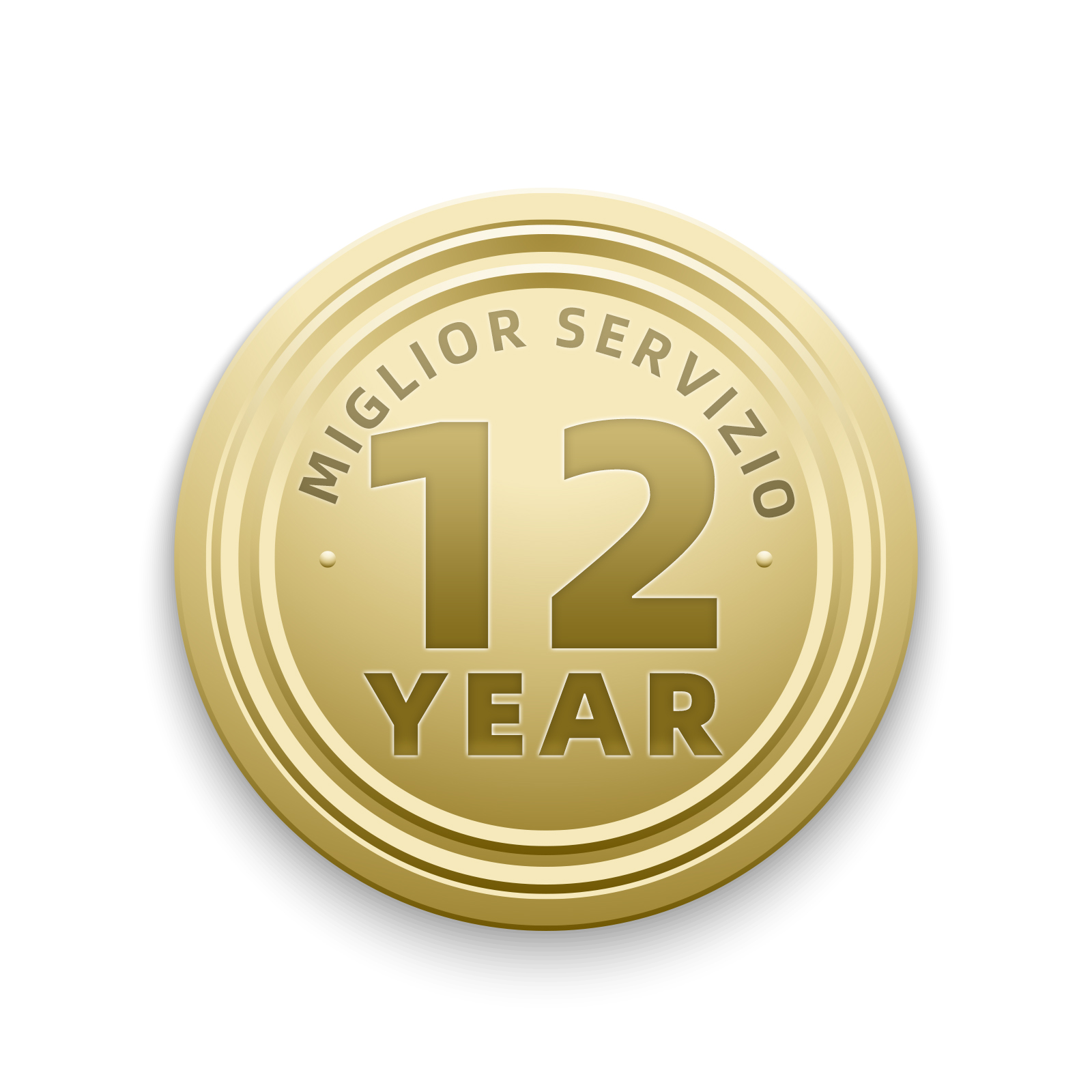 Gold medallion with text: 12 YEAR, and the words Miglior Servizio. White background.