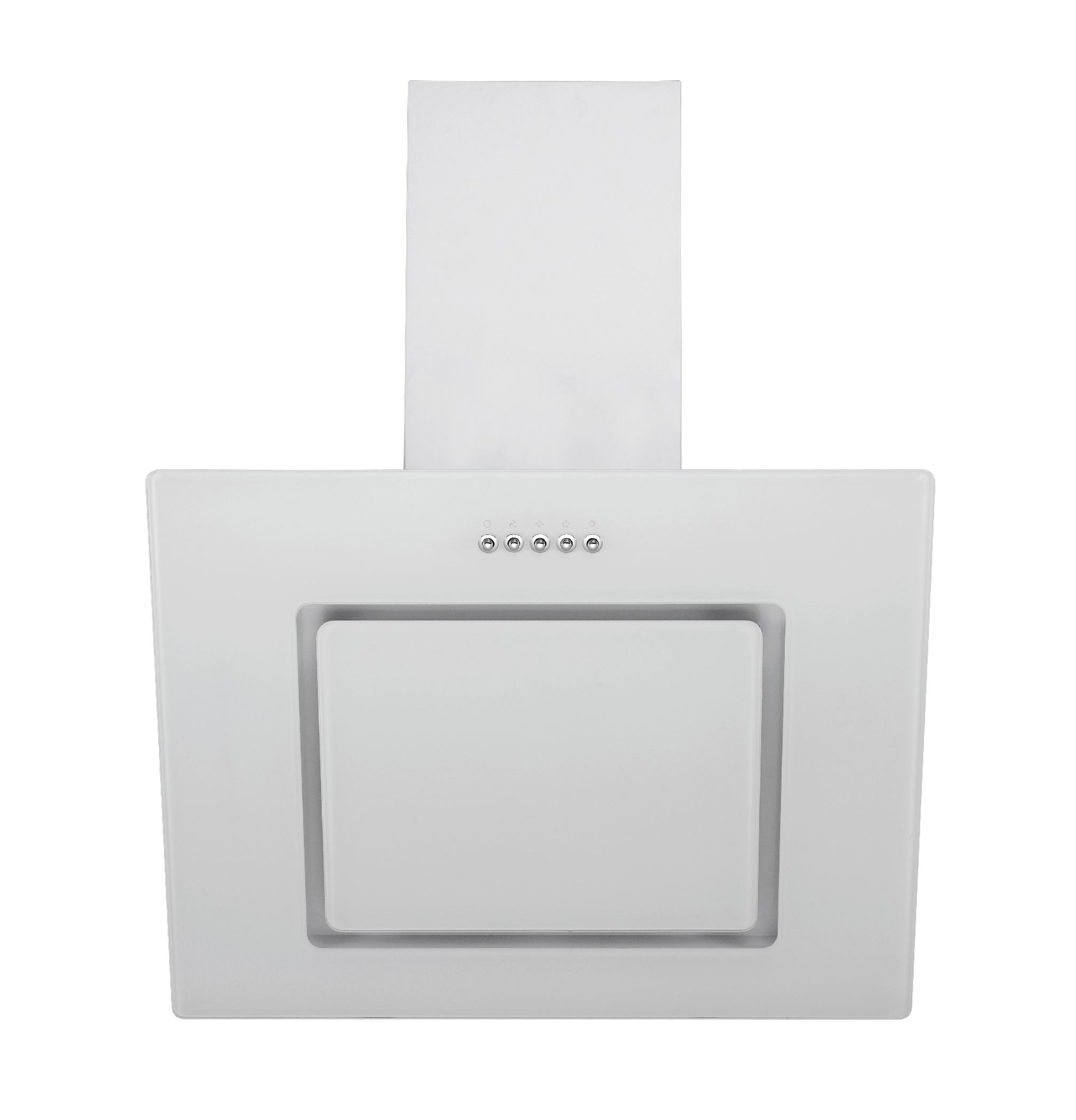 White kitchen hood with a rectangular design. It has five buttons and is against a white background.