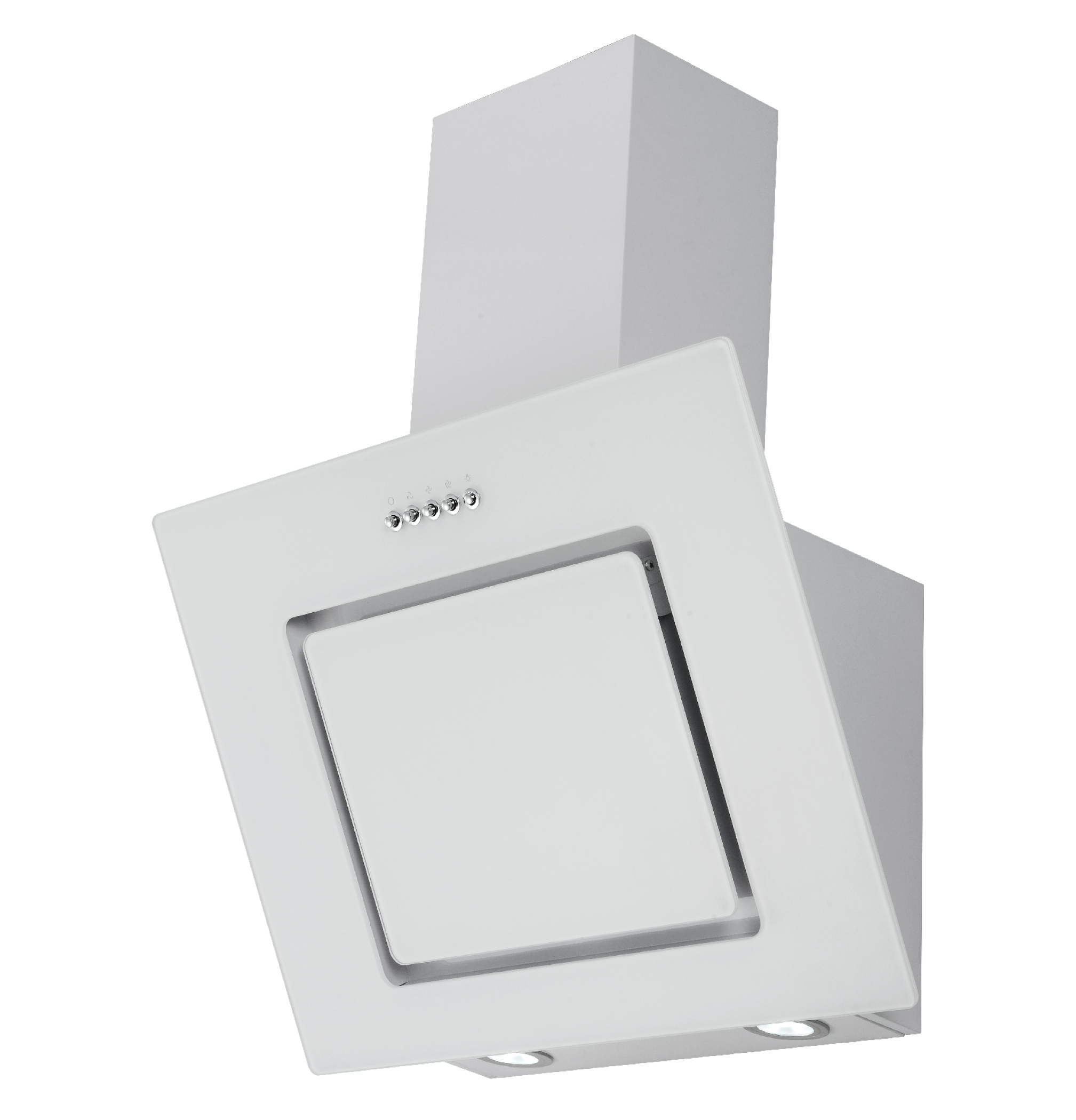 White kitchen hood with a square design, five buttons, and two lights, isolated on white.