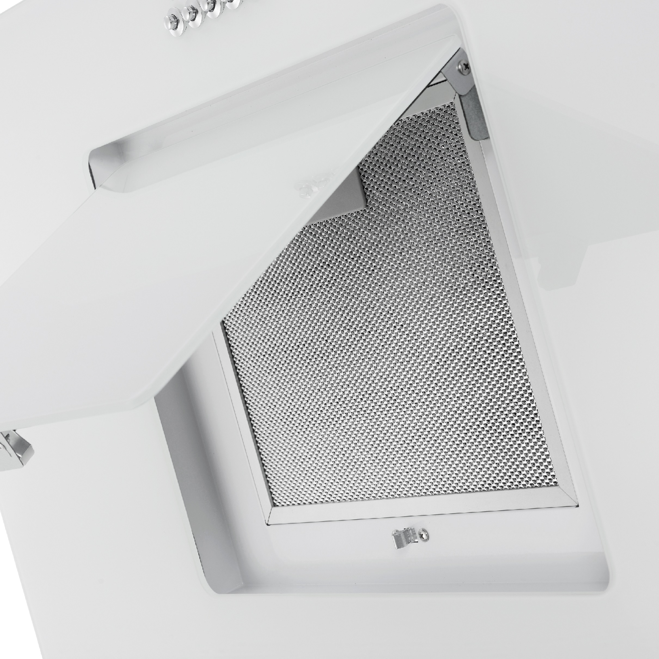 White range hood with filter exposed. Glass cover is partially open. White background.