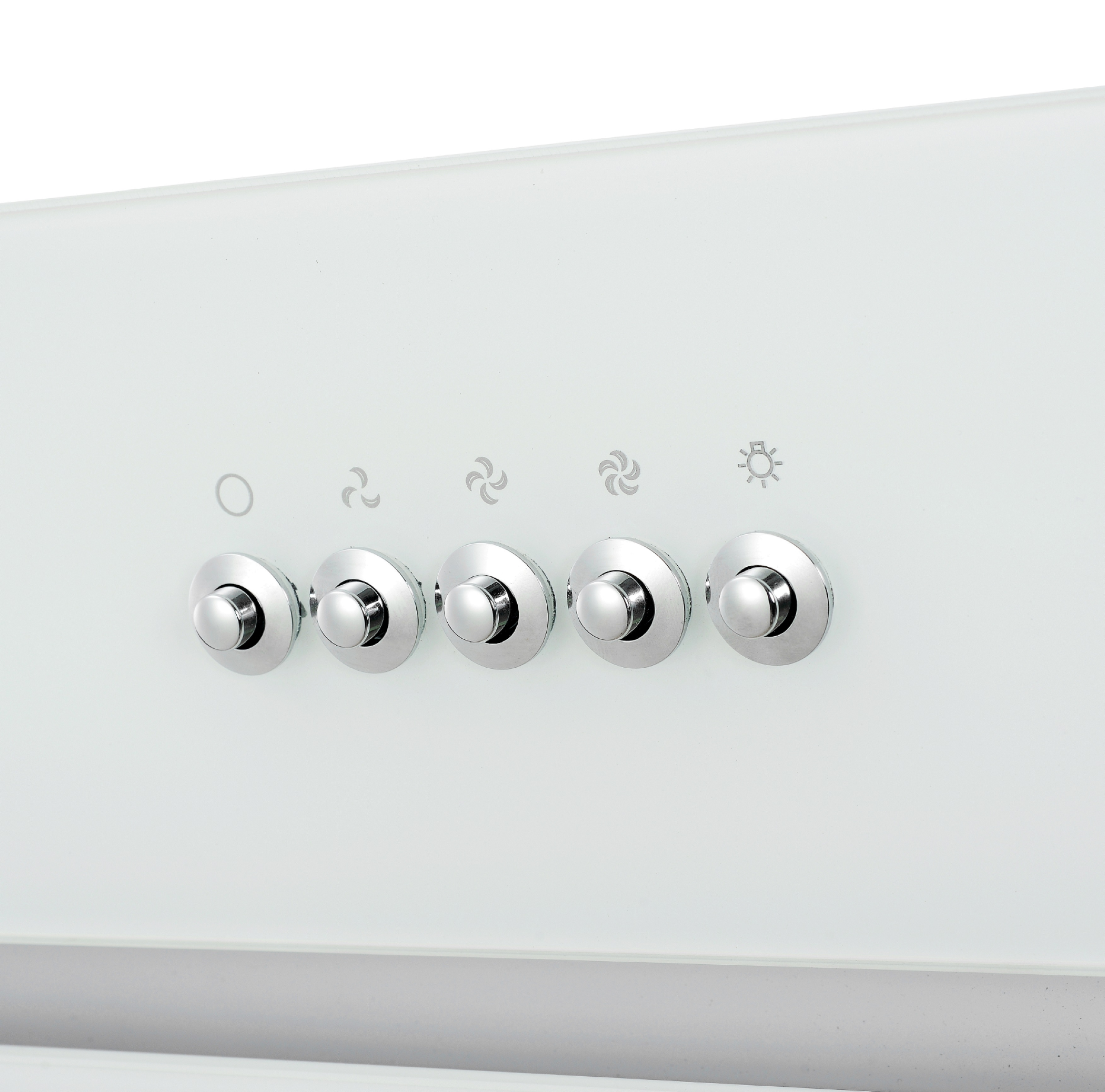 White control panel with five silver buttons. The buttons have icons for fan speed and light.