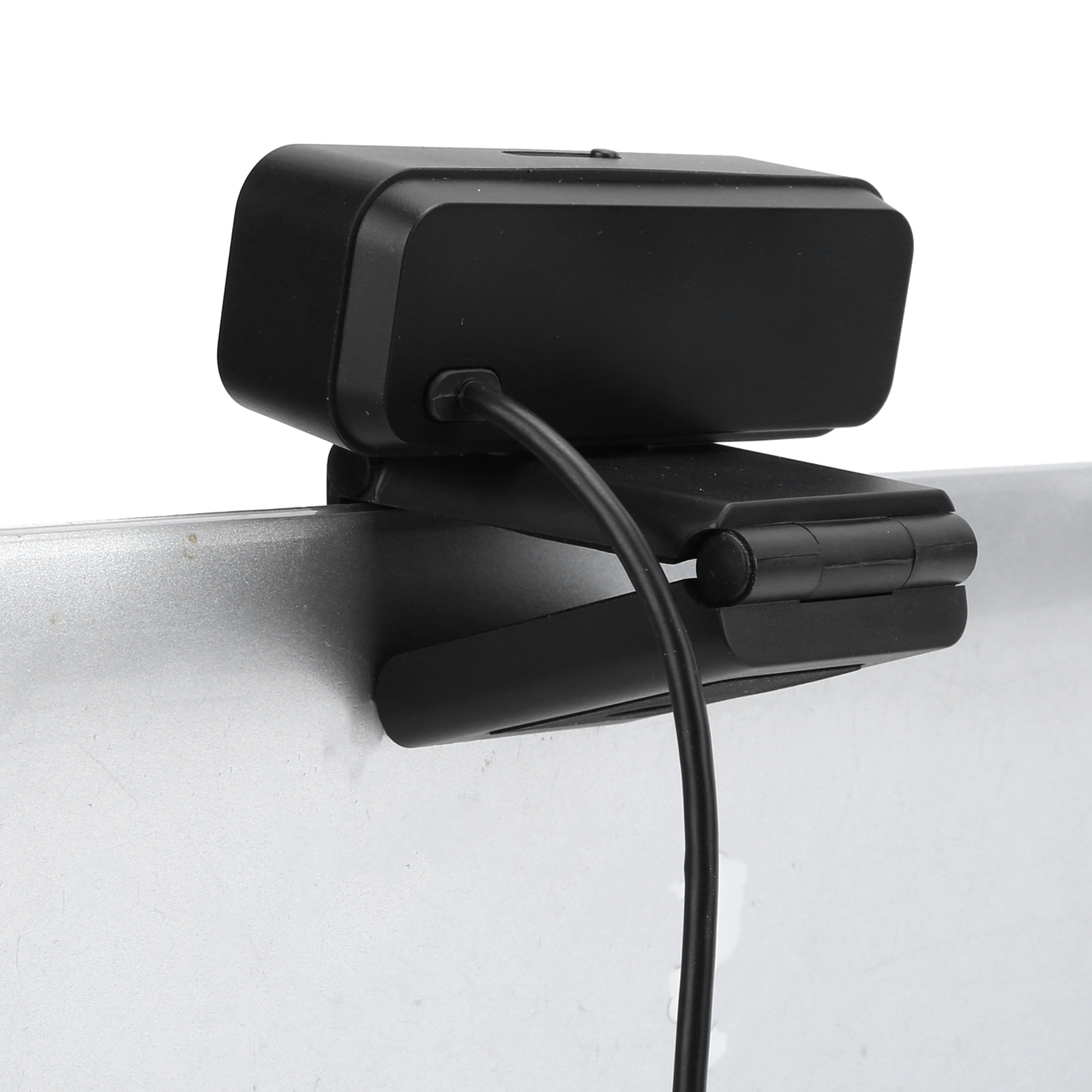 Schwarze Webcam an einem Computermonitor befestigt. Die Kamera ist auf den Benutzer gerichtet.