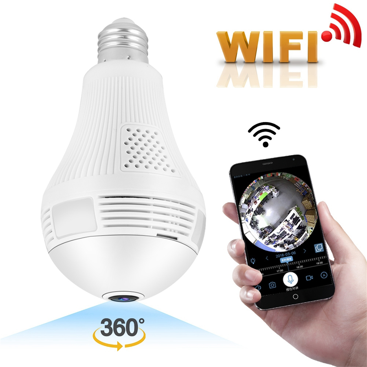 Eine weiße Glühlampenkamera mit dem Wort WIFI und einem Telefon, das die Kameraansicht zeigt.