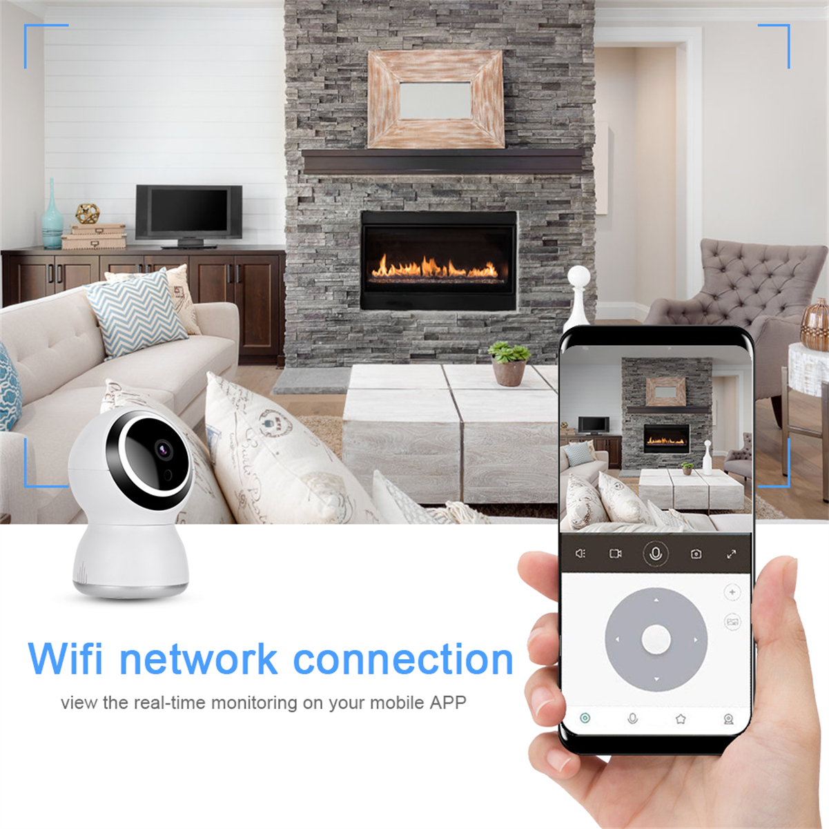 Sicherheitskamera und Telefon zeigen gleiche Szene. Kamin im Hintergrund. Wohnzimmerumgebung.