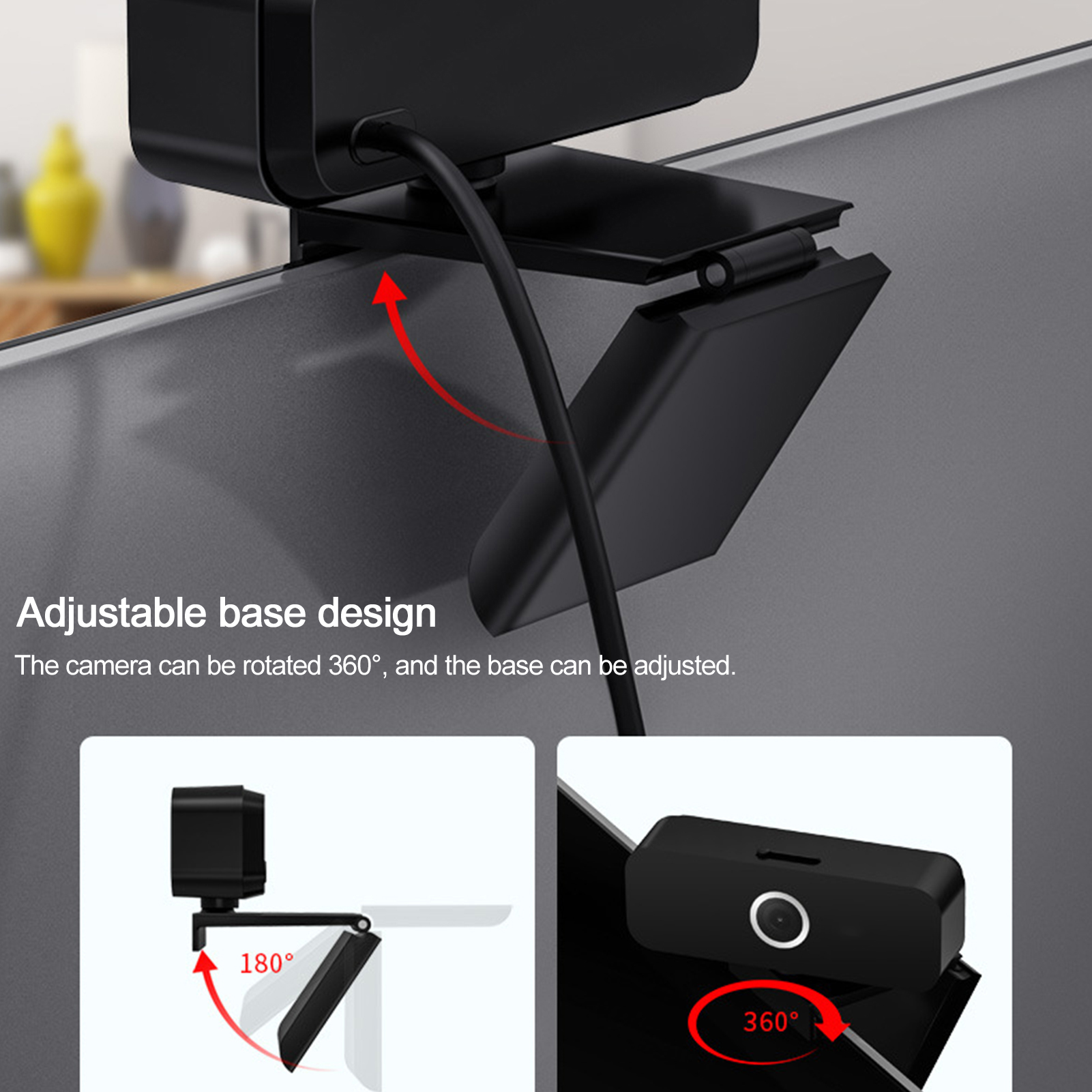 Eine Webcam an einem Monitor, mit einem Fuß, der sich um 360 Grad dreht. Einstellbares Basisdesign ist beschriftet.