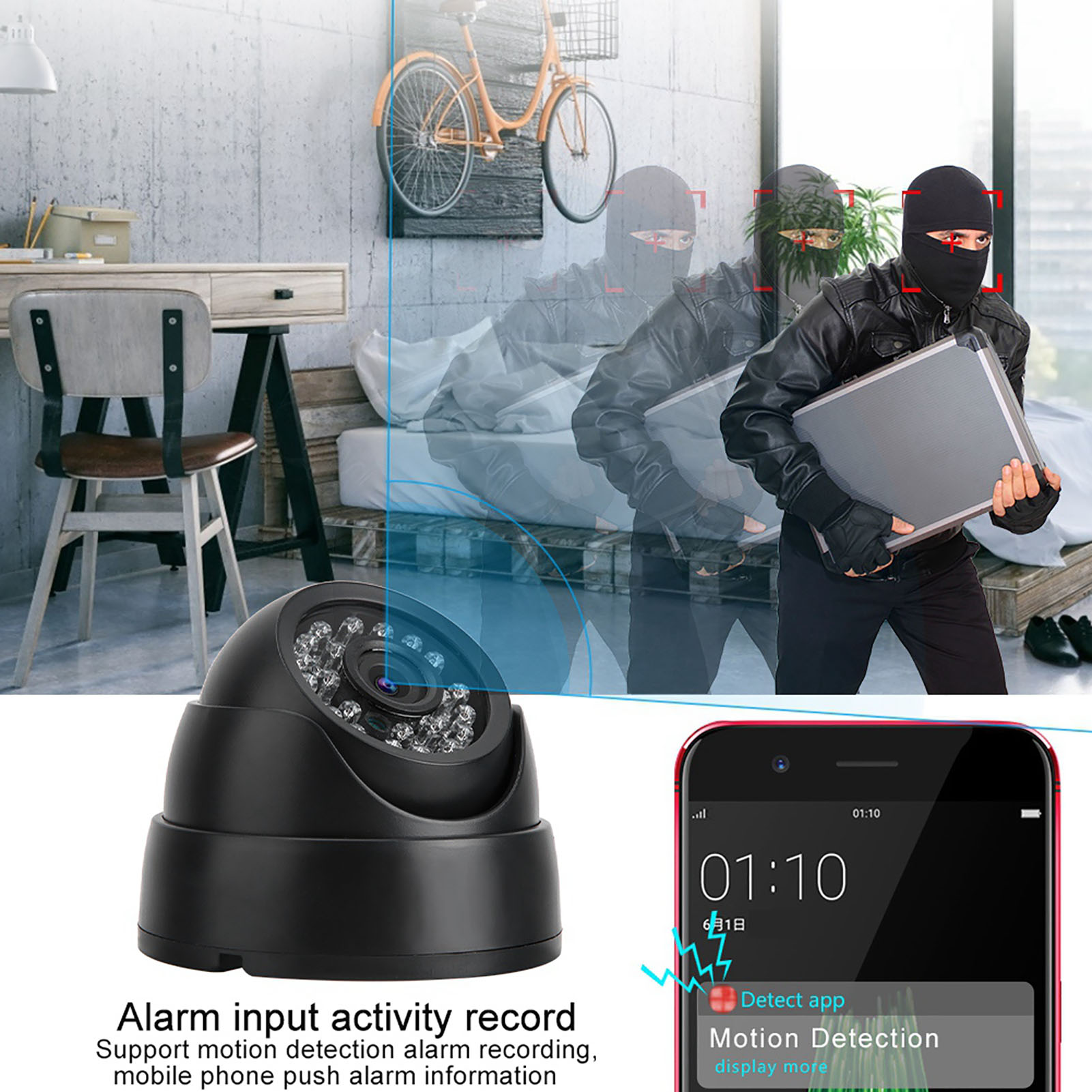 Eine Überwachungskamera und ein Telefon, das einen Einbrecher in einem Haus zeigt. Das Telefon zeigt einen Bewegungsmelder-Alarm.