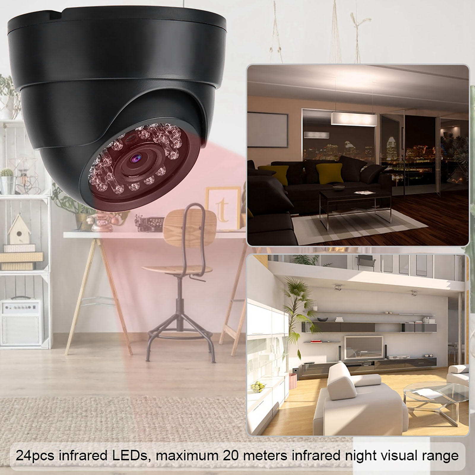 Schwarze Sicherheitskamera mit Infrarot-LEDs, zeigt Innenansichten eines Hauses.