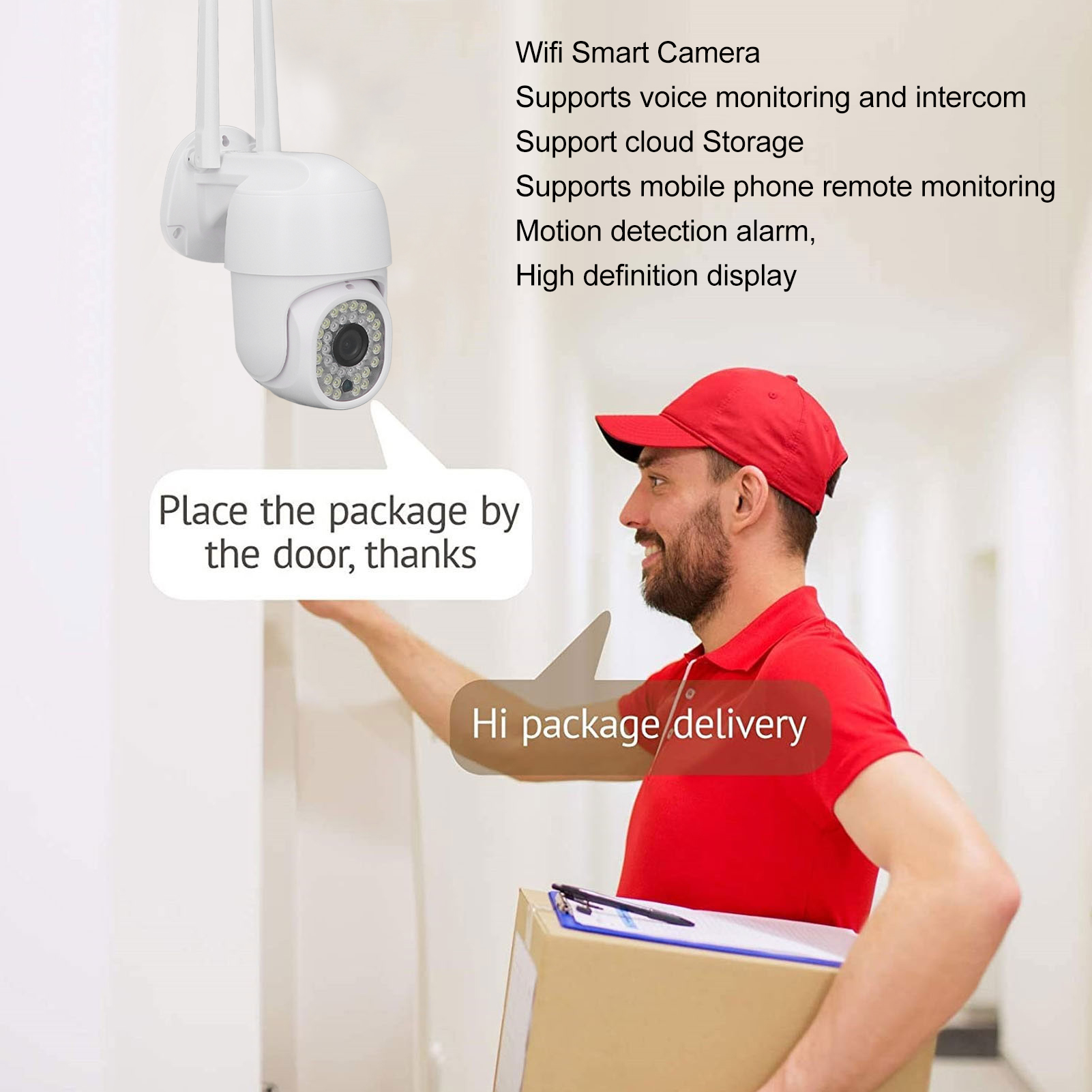 Ein Zusteller mit einem Paket. Eine weiße Überwachungskamera ist an der Wand montiert.