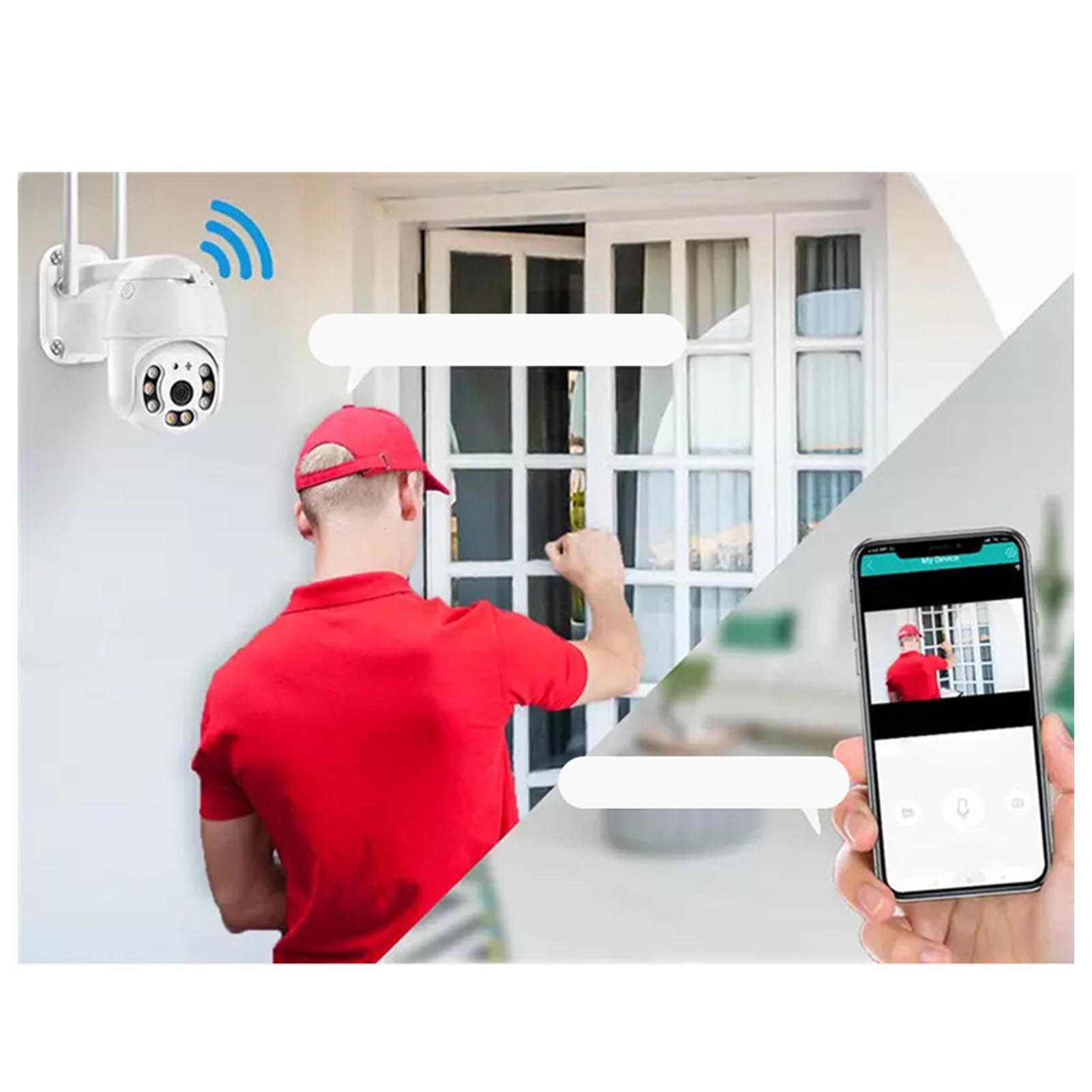 Eine Überwachungskamera, eine Person klopft an eine Tür und ein Telefon, das die Person zeigt. Sprechblasen sichtbar.