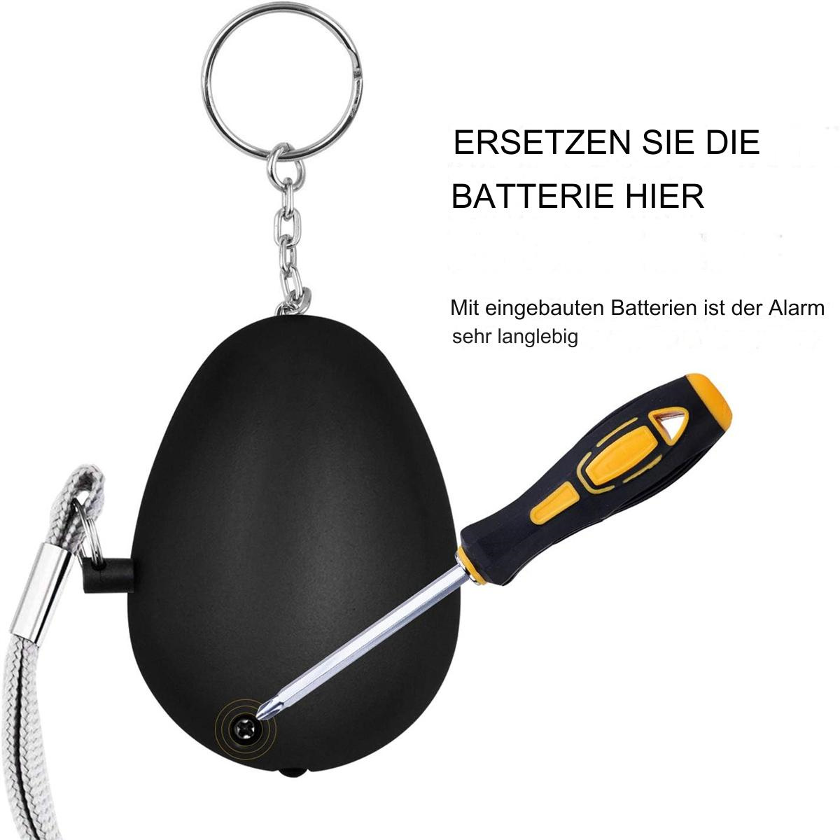 Schwarzes, eiförmiges Gerät mit Schlüsselanhänger, ein Schraubendreher zeigt auf eine Schraube. Text: BATTERIE HIER ERSETZEN.