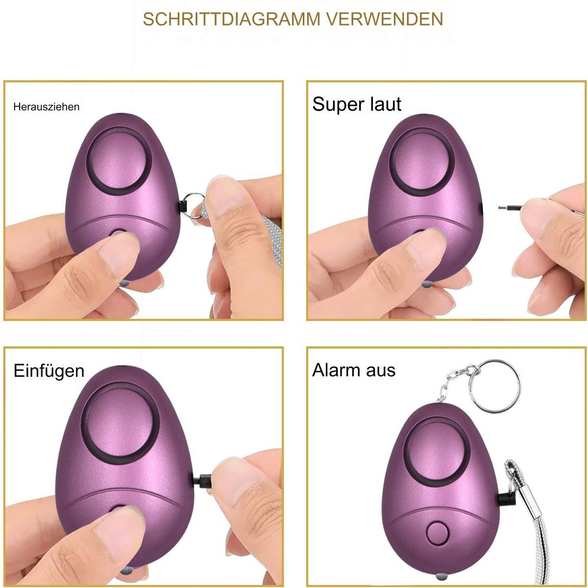 Vier Bilder, die zeigen, wie man einen lila Alarm benutzt. Hände und ein Alarm werden gezeigt.