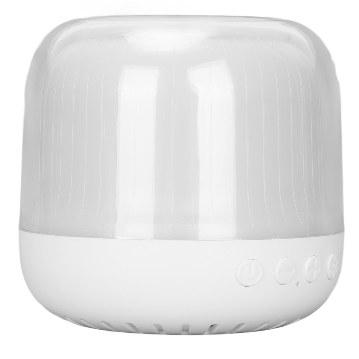 Weiße LED-Lampe mit zylindrischer Form. Sie hat Knöpfe und einen kleinen Lautsprecher.