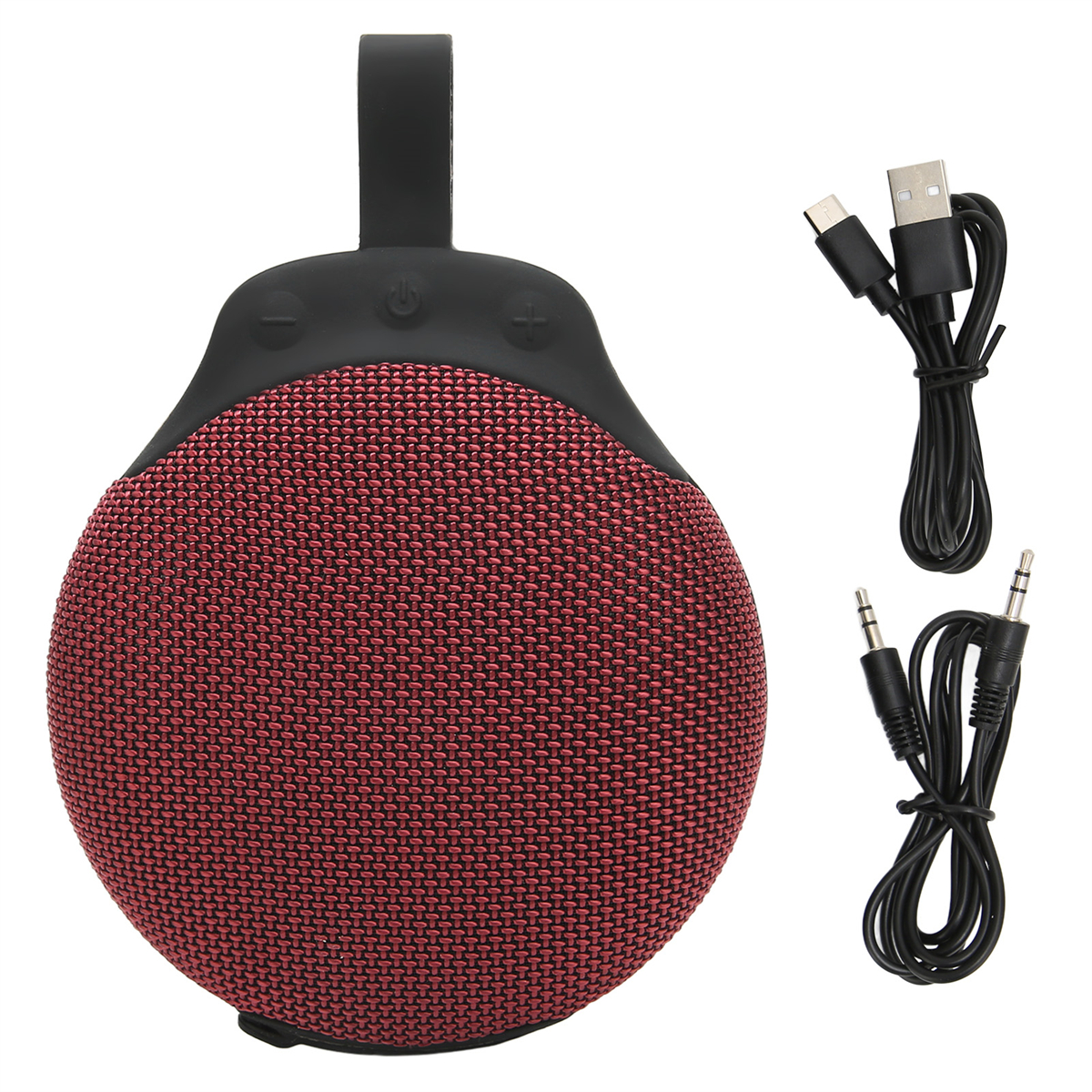 Runder weinroter Lautsprecher mit Knöpfen sowie USB- und Audiokabel.