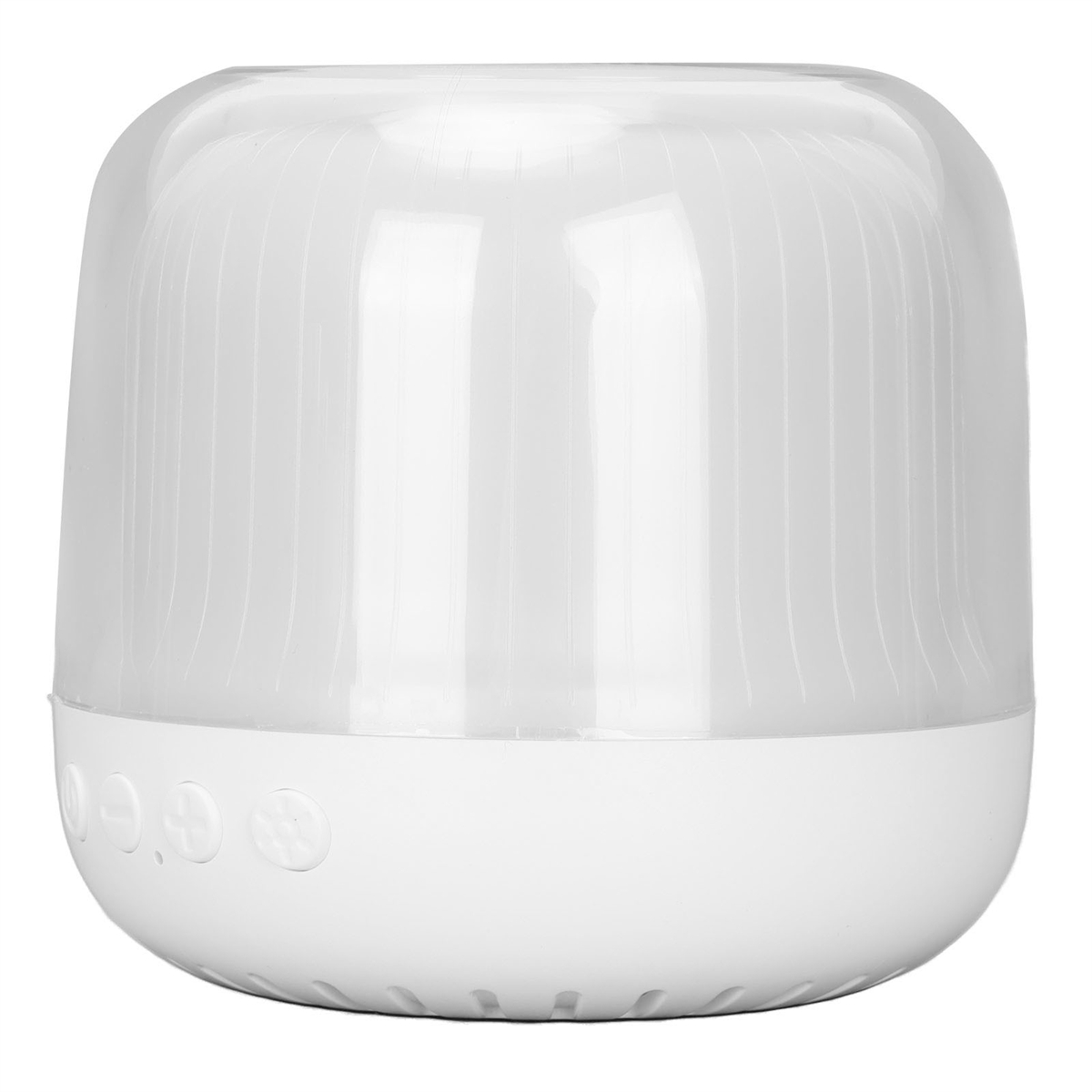 Weiße Lampe mit klarem, rundem Oberteil und weißem Sockel. Weißer Hintergrund.