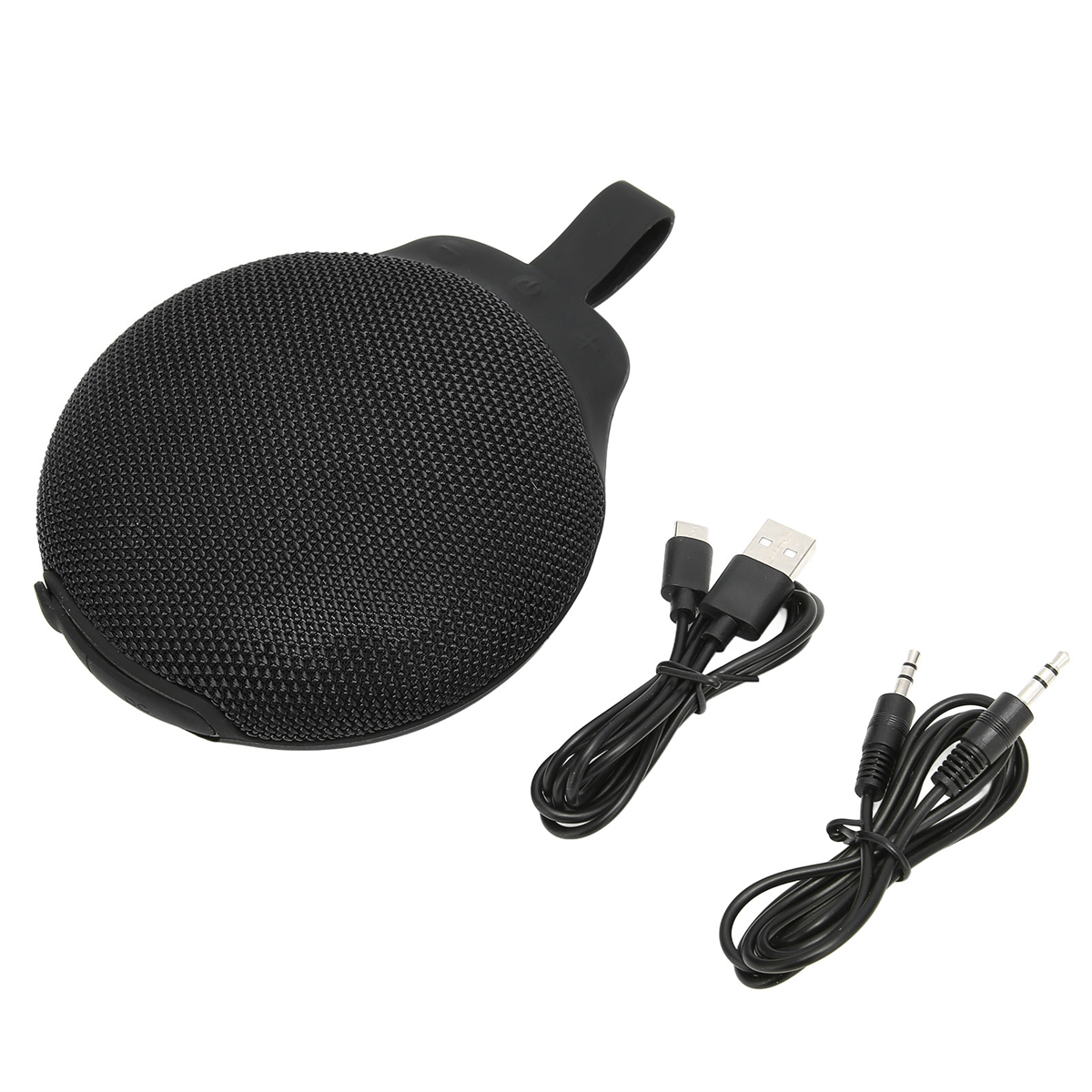 Schwarzer runder Lautsprecher mit Griff, USB- und Audiokabeln.