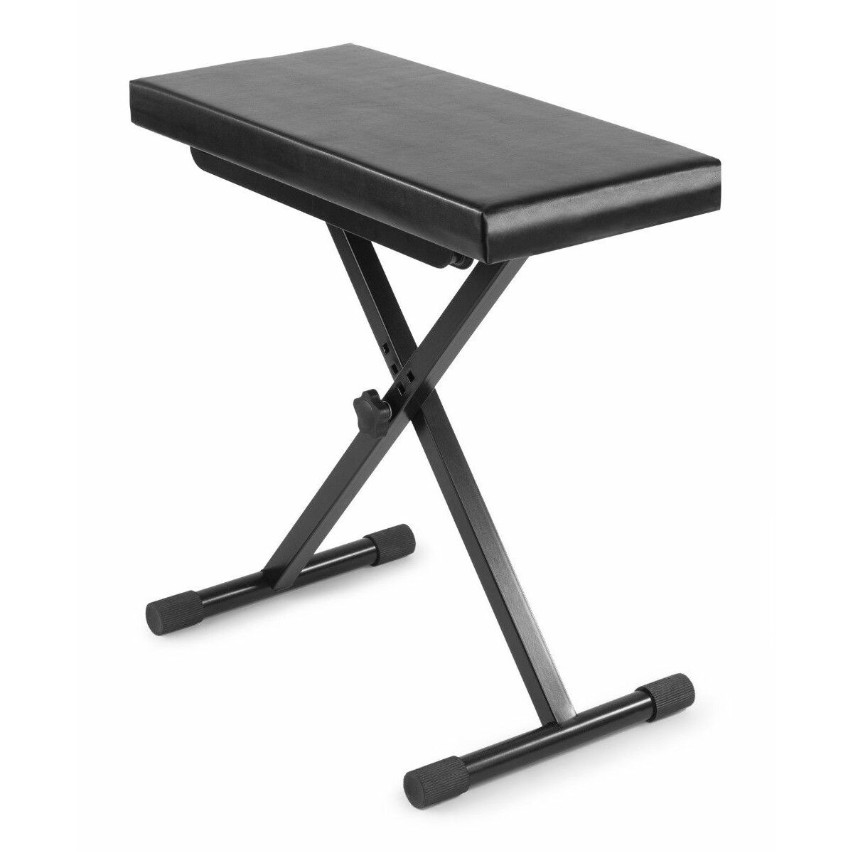 Banco de piano negro con asiento rectangular y patas ajustables en forma de X, sobre fondo blanco.