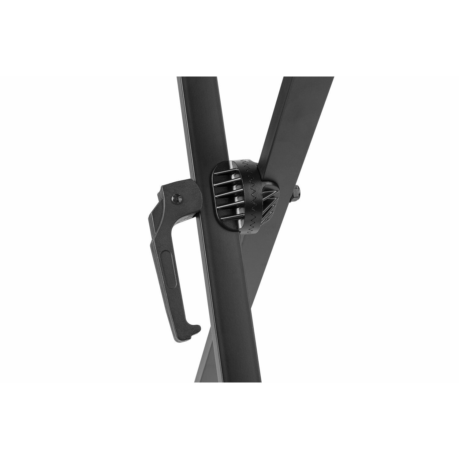 Een close-up van een zwart metalen frame met een hendel.