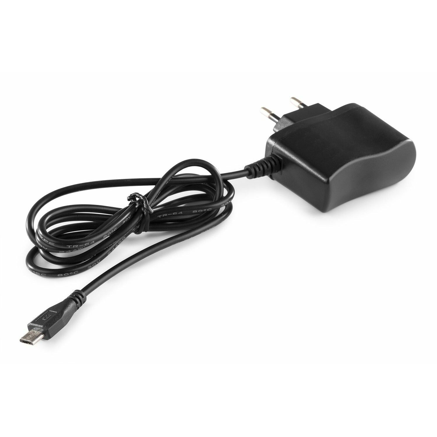 Zwarte oplader met kabel. Geïsoleerd op een witte achtergrond.