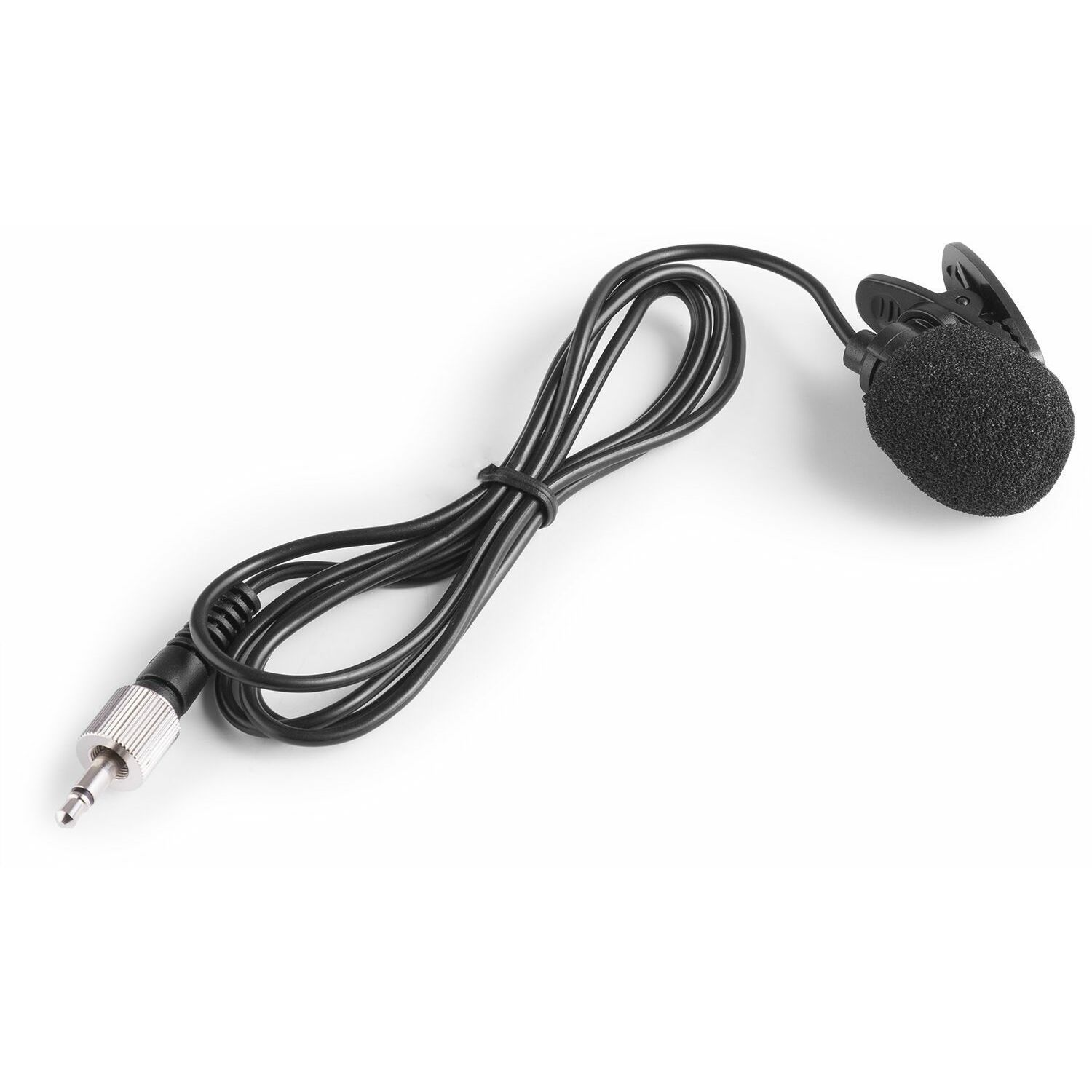 Black clip-on microphone with a wire and a plug, white background.