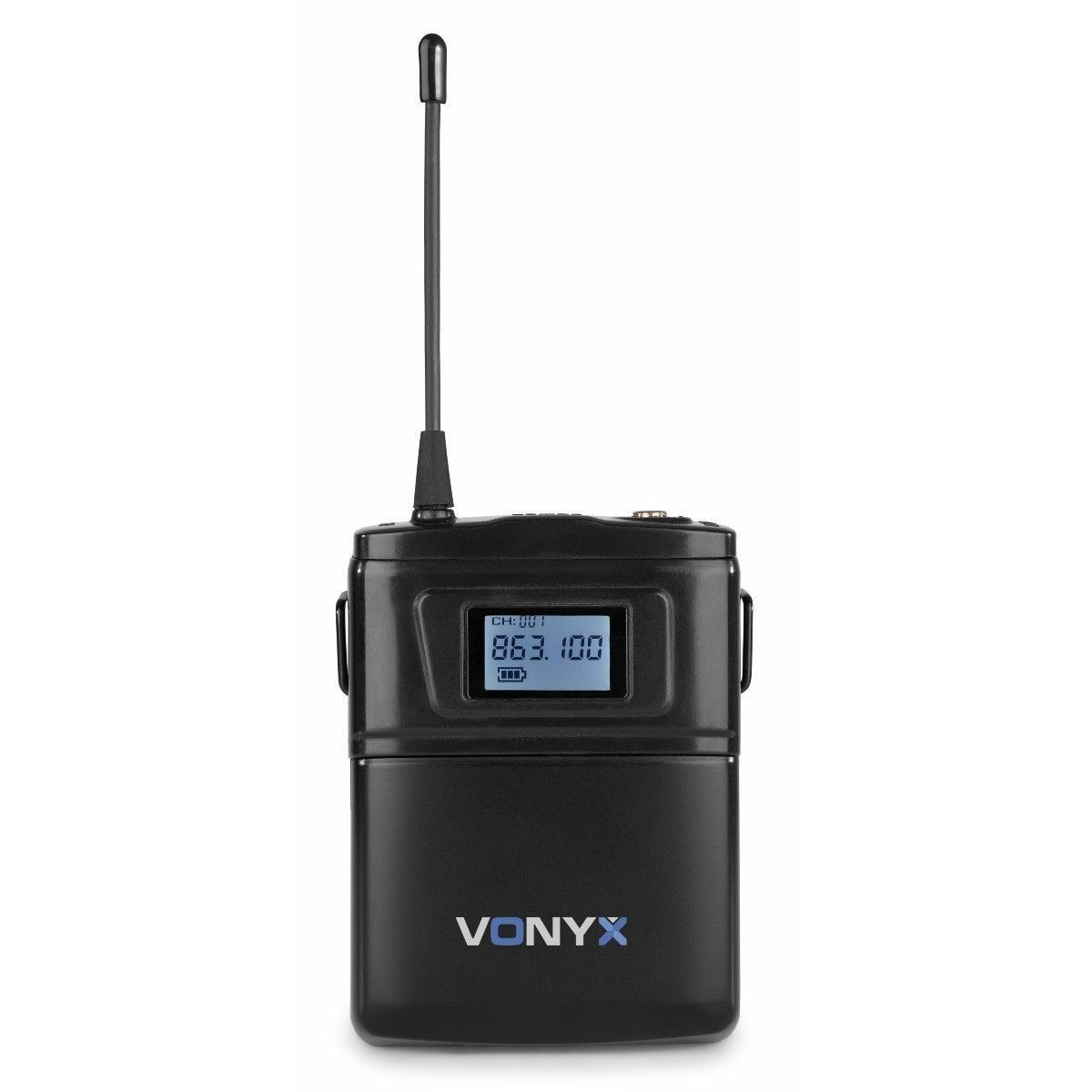 Black wireless microphone receiver with an antenna and a display.