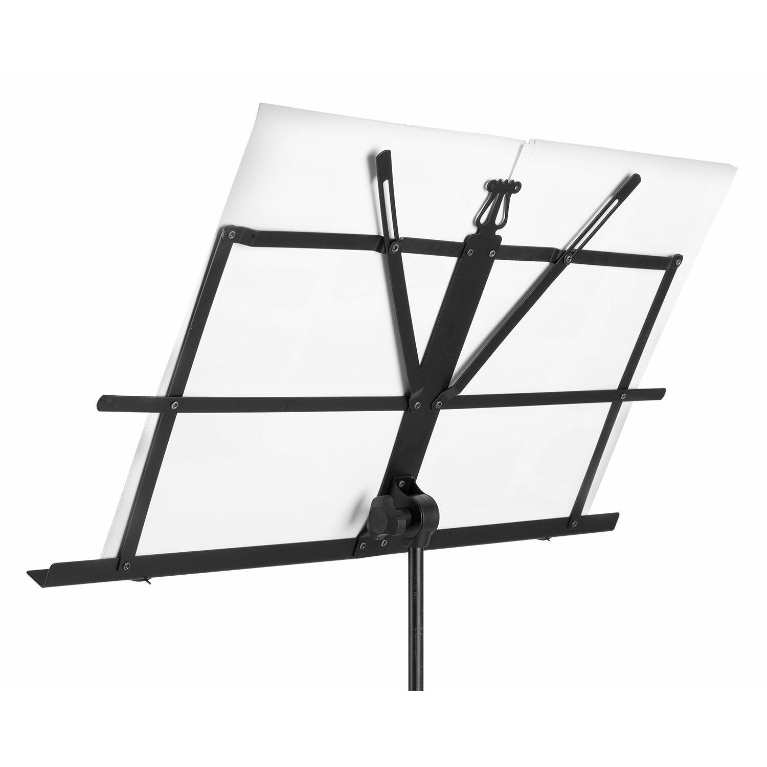 Un atril negro con una hoja de papel blanco encima y un soporte de metal negro.