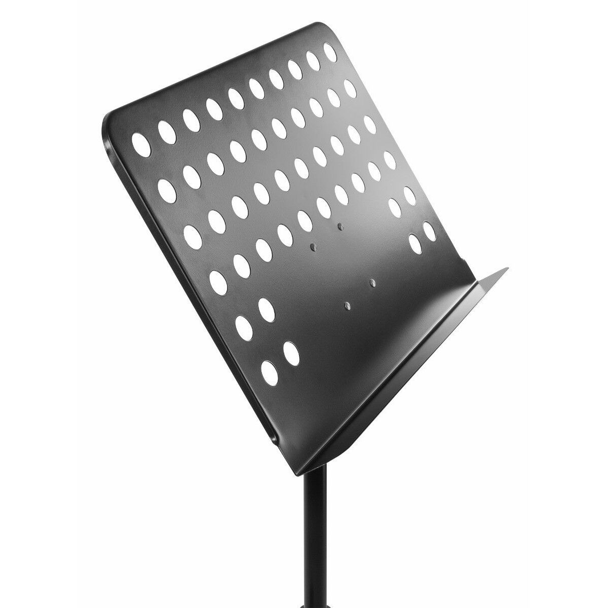 Un atril negro con un soporte de metal negro y un soporte de hojas con agujeros.