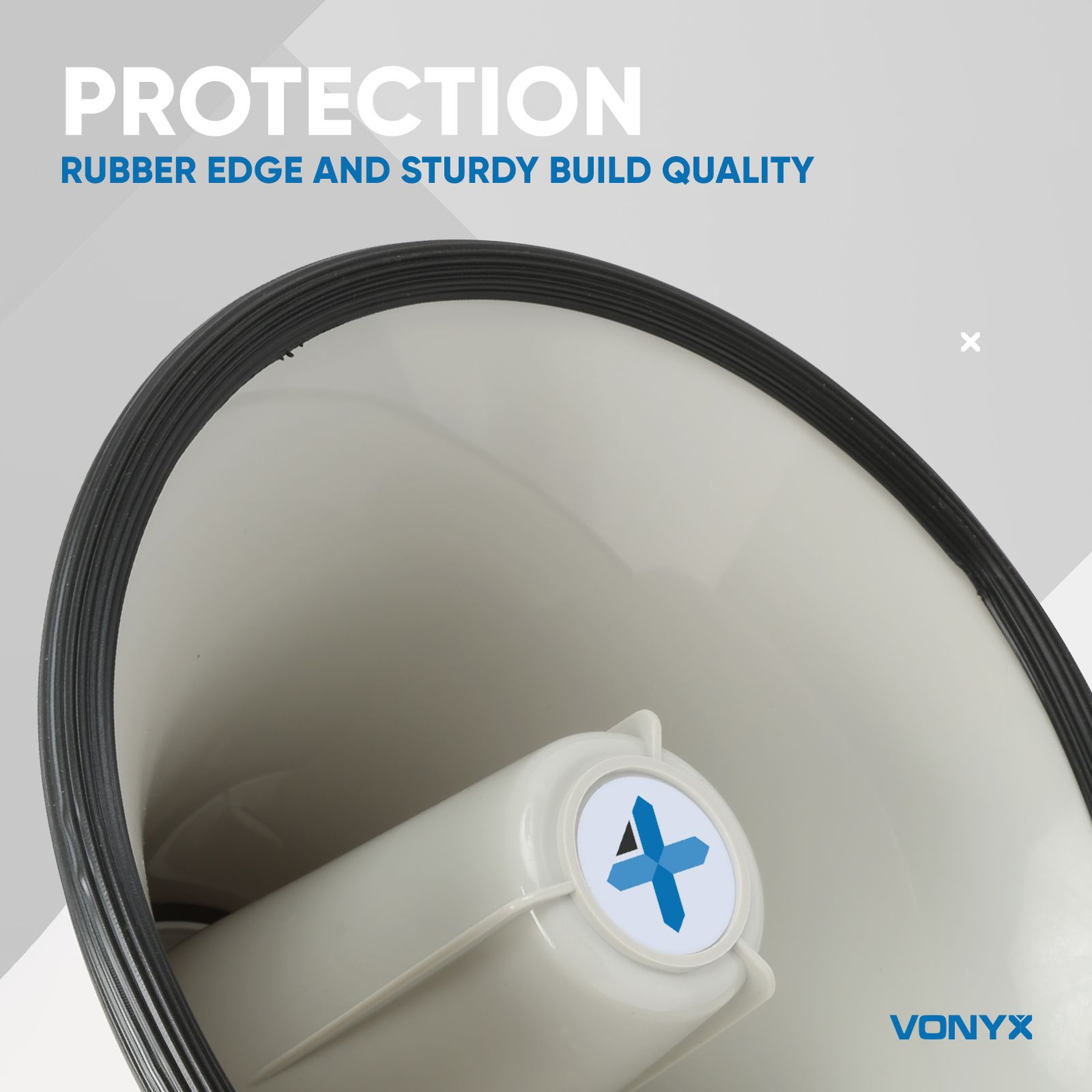 A white megaphone with a black rubber edge, a blue and white logo, and the brand name Vonyx.