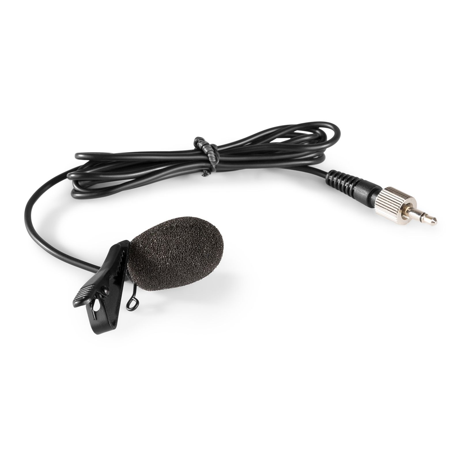 Black lavalier microphone with a foam cover and a clip.