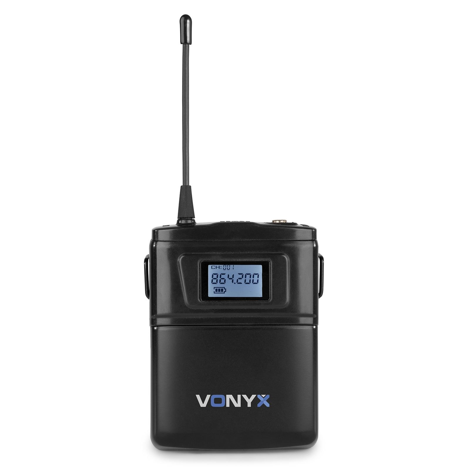 Black VONYX wireless receiver with a display and antenna.