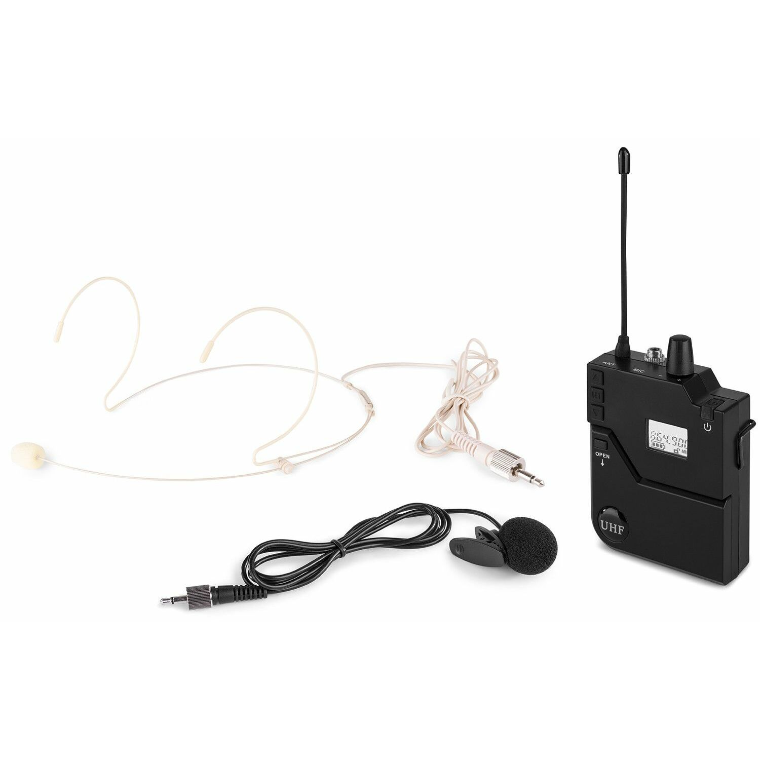 A black wireless microphone system. Includes a headset mic, a lapel mic, a transmitter, and a receiver with an antenna.