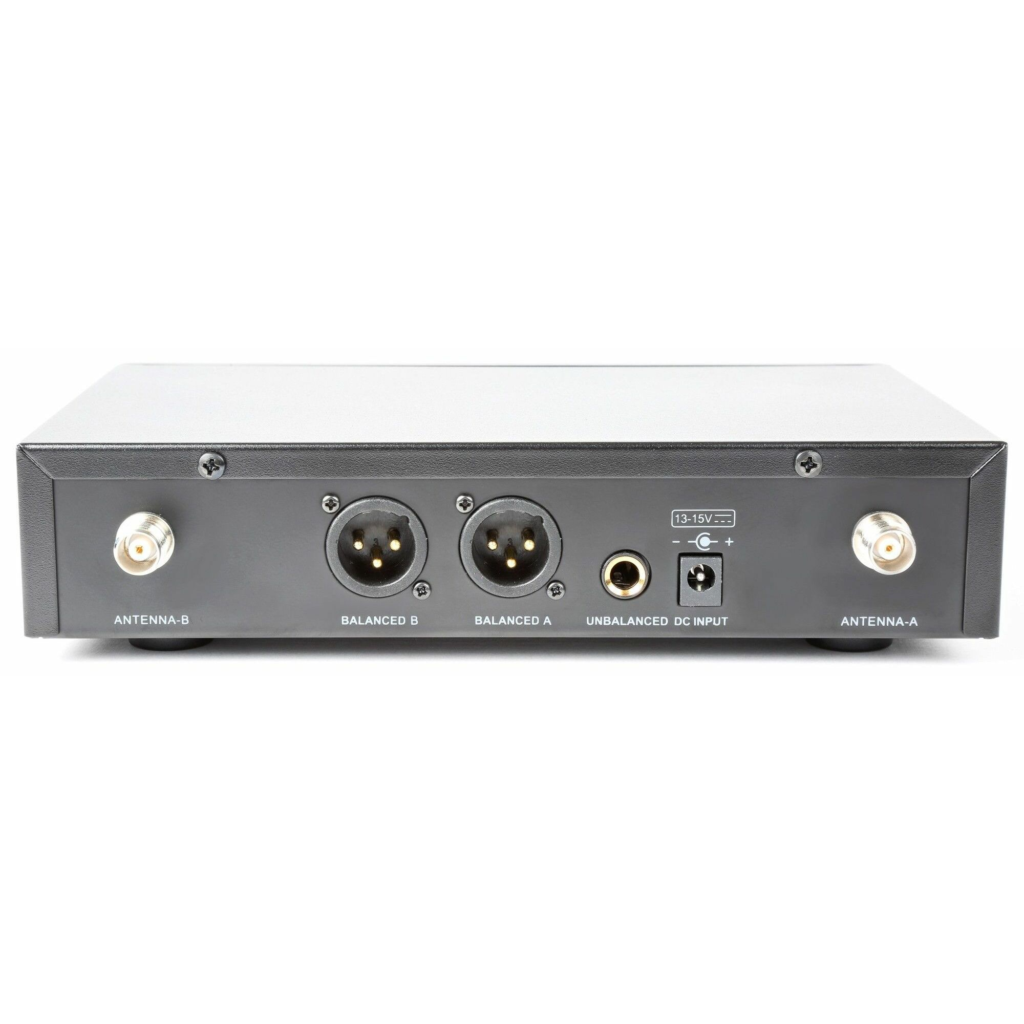 Black device back with antenna ports, balanced and unbalanced input ports, and a DC input.