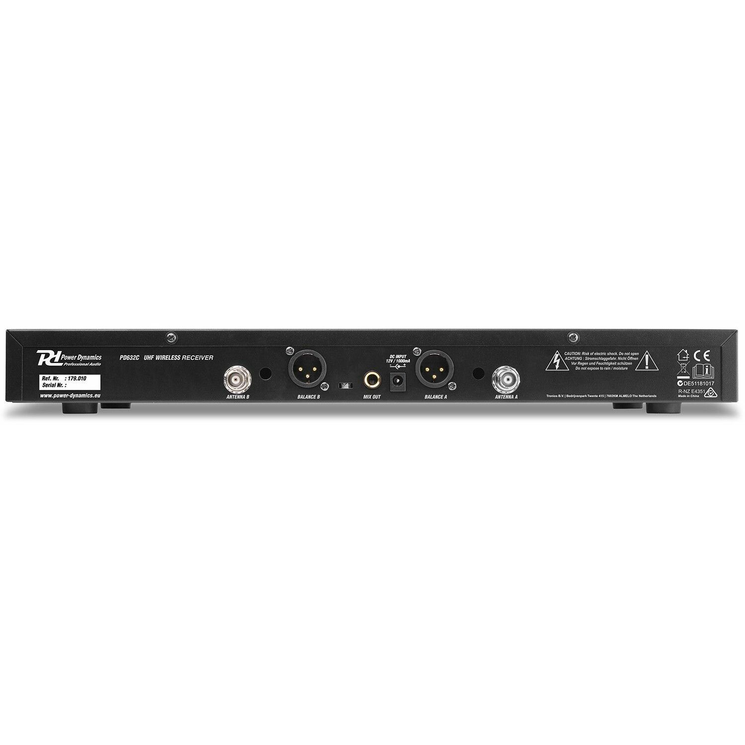 Black audio receiver back panel with inputs and outputs, labeled. Includes warning symbols and company logo.