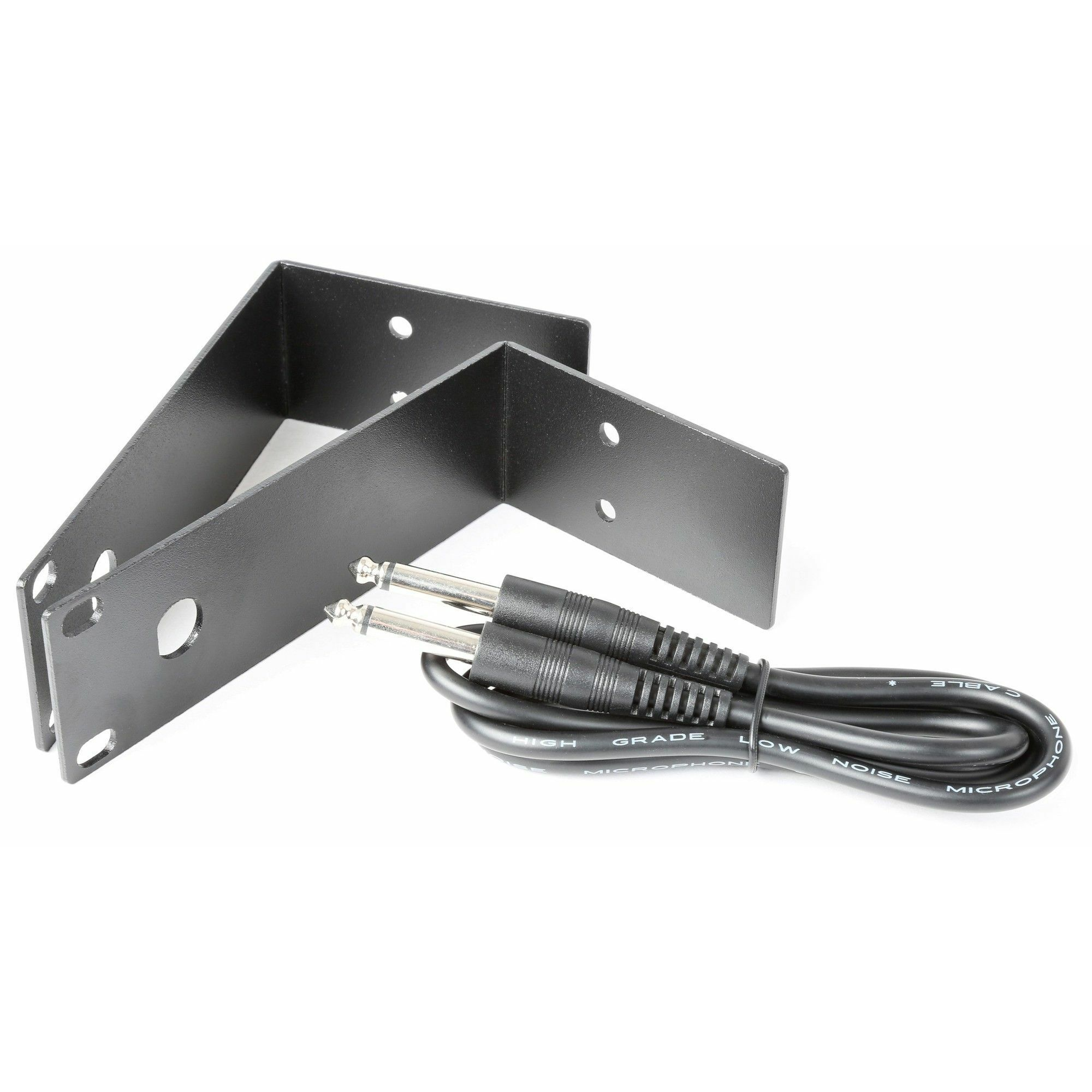 Two black metal brackets and two audio cables.  The brackets are L-shaped and have holes for screws.