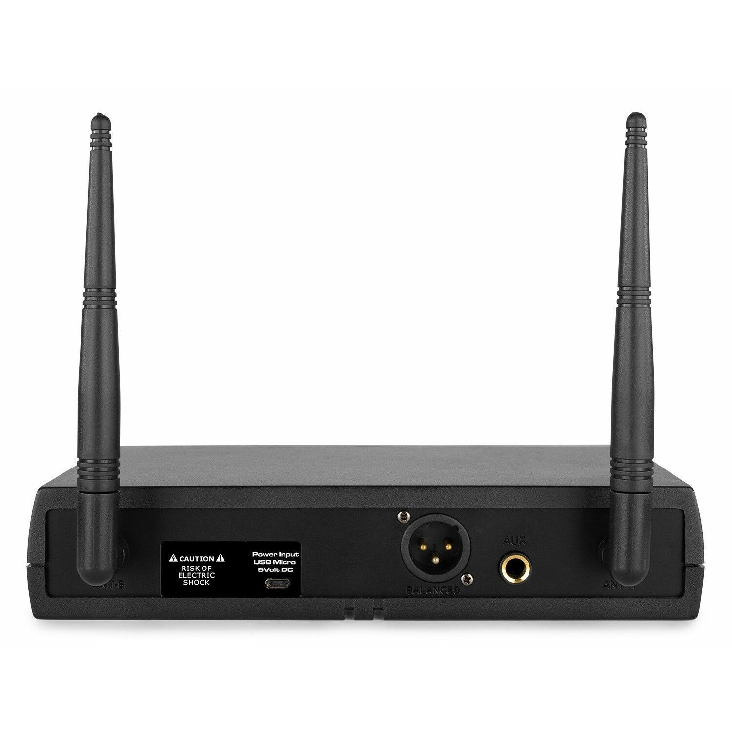Black wireless receiver with two antennas. The back of the device is visible.