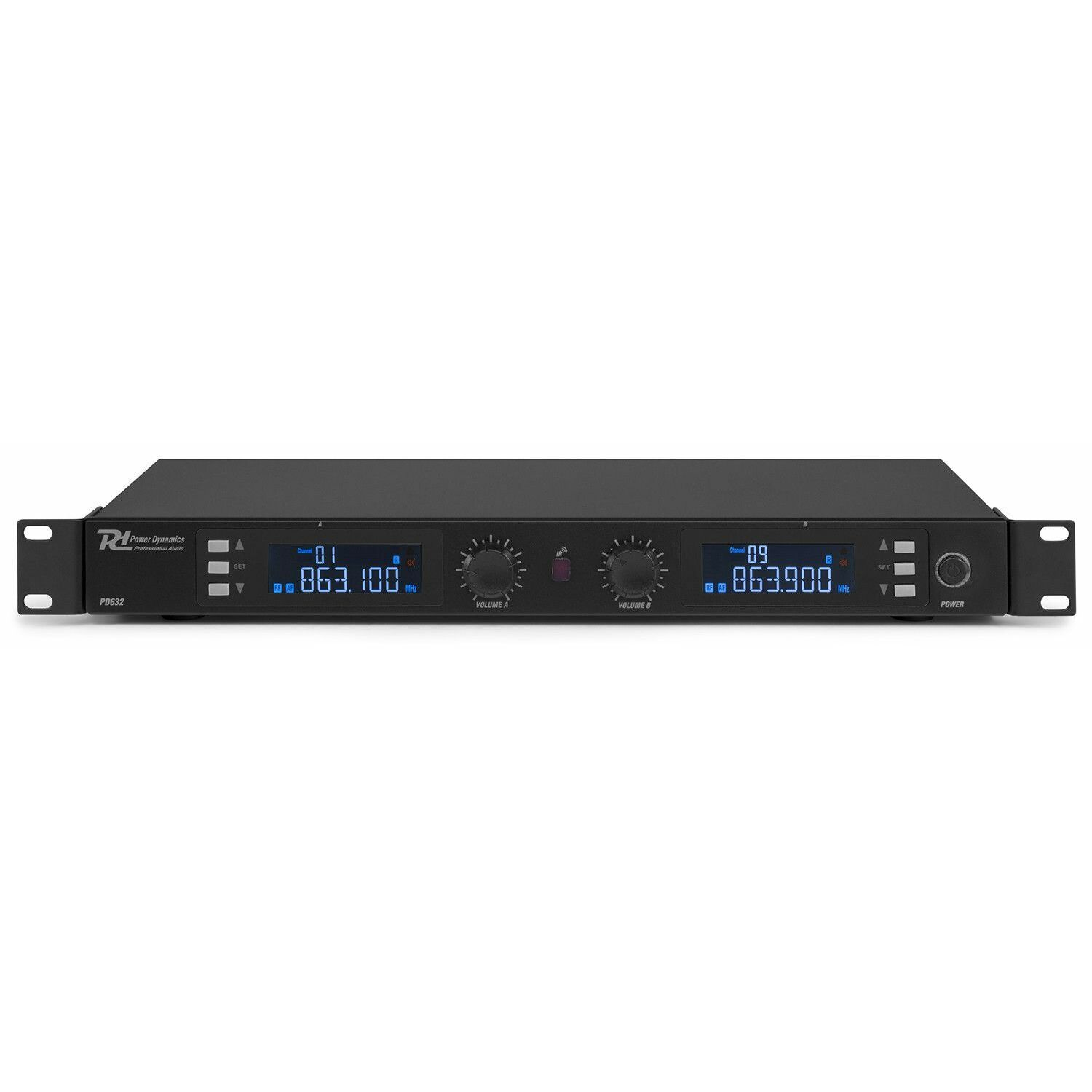 A black audio receiver with two digital displays showing numbers and labels. Knobs and buttons are present on the front panel.