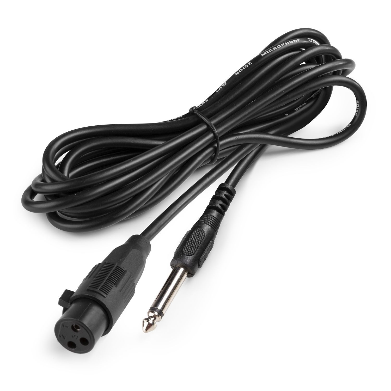 Cable de micrófono negro con conectores XLR y jack de 1/4 pulgada.