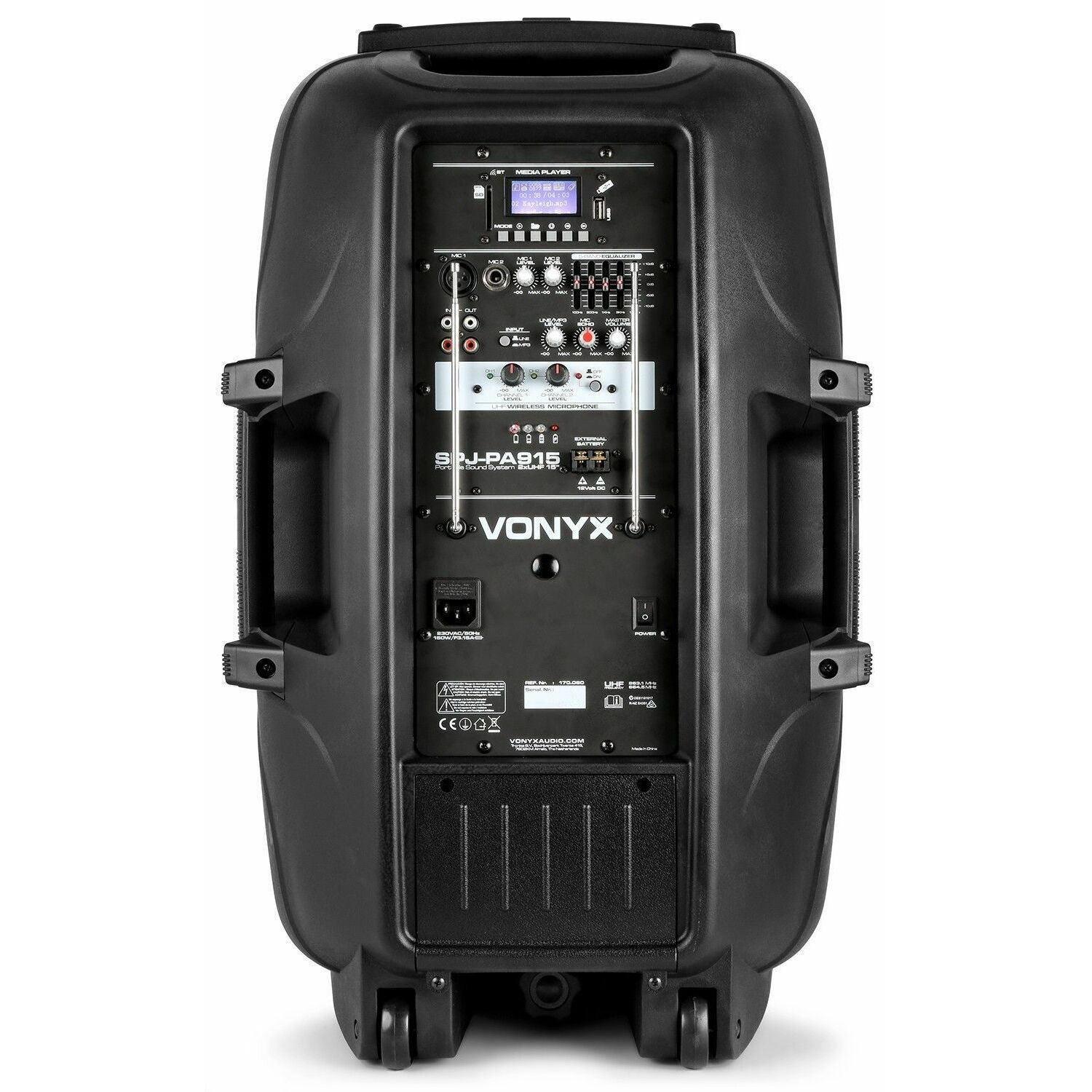 Parte trasera de un altavoz negro con controles y puertos. La marca VONYX es visible.