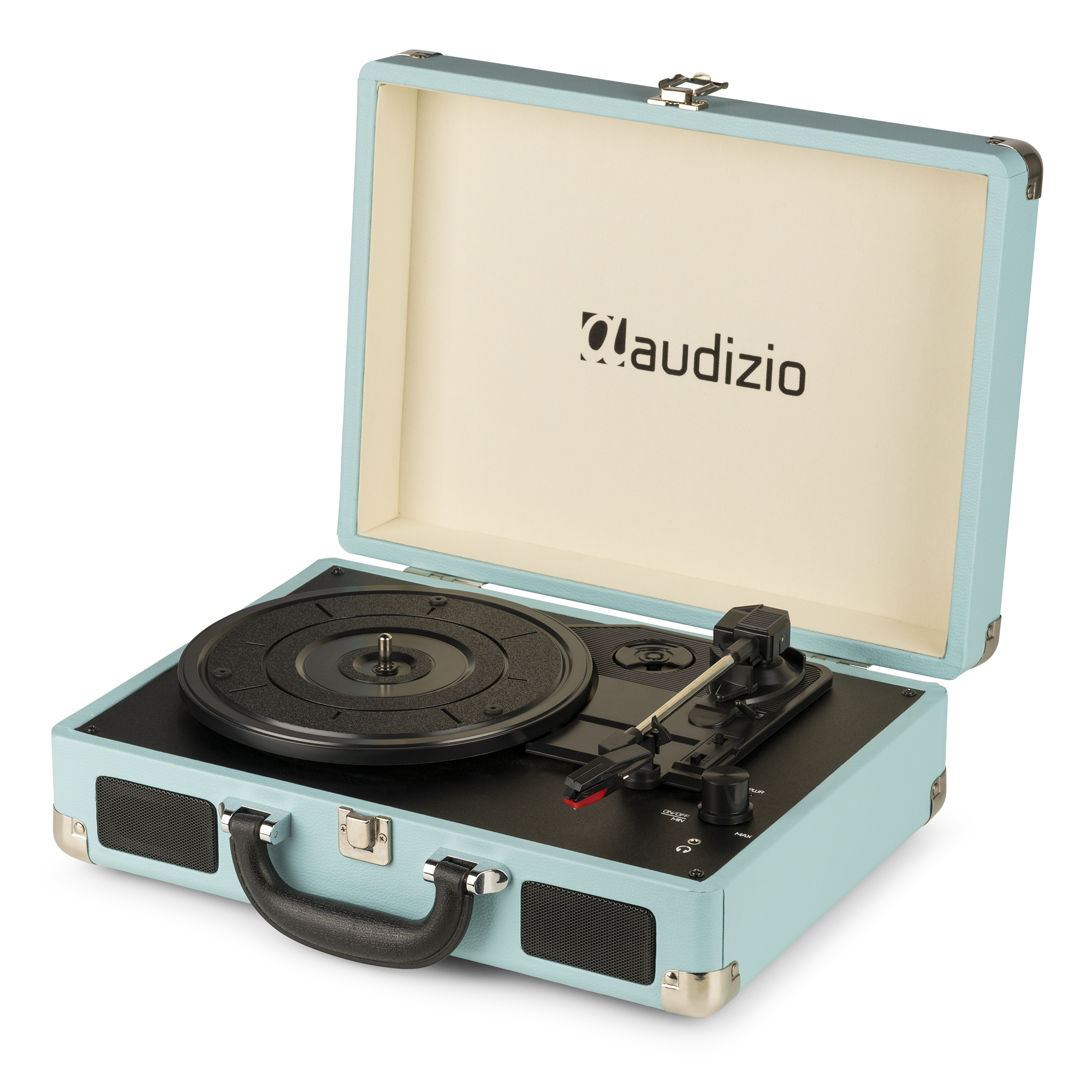 Tocadiscos azul y negro en un estuche abierto. Tiene un tocadiscos negro y asa frontal.