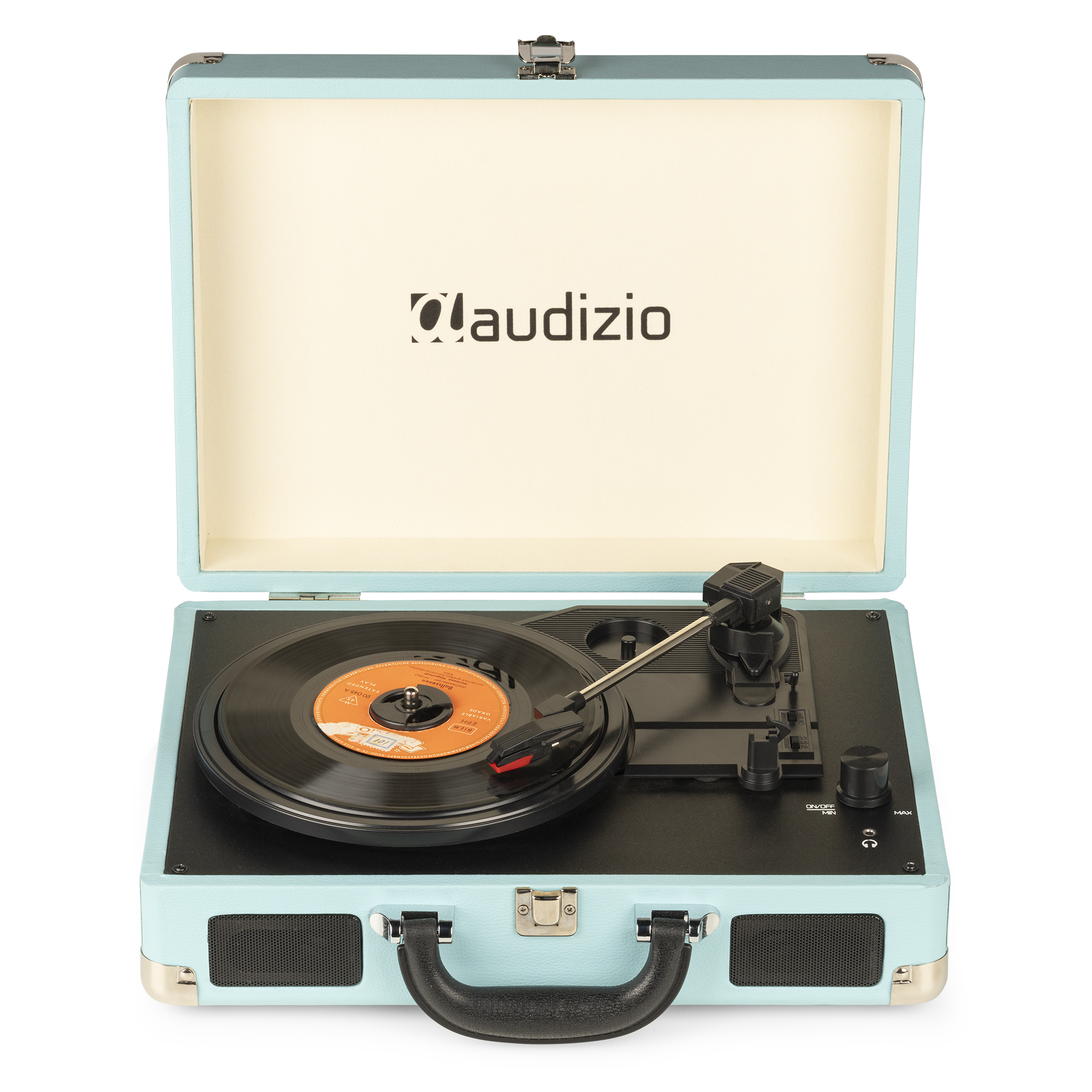 Un tocadiscos azul claro con un disco negro reproduciéndose. Está abierto, mostrando la aguja y los controles.