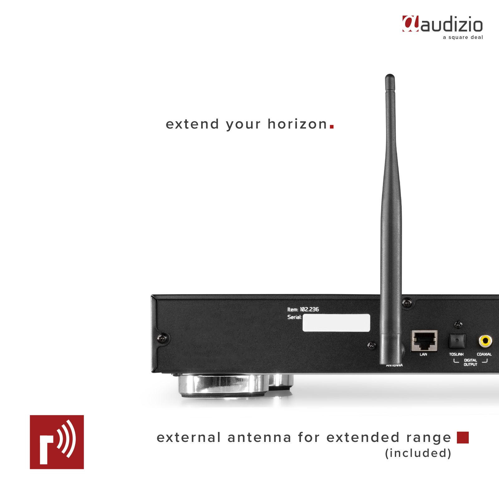 Geräterückseite mit Antenne und Text 'extend your horizon'. Ein Logo ist sichtbar.