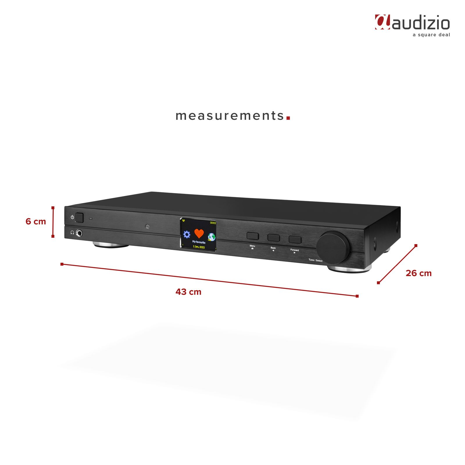 Schwarzer Audio-Receiver mit Bildschirm. Abmessungen: 43x26x6 cm. Maße werden angezeigt.
