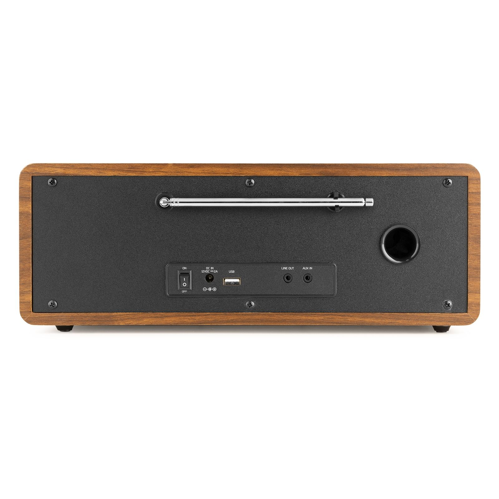 L'arrière d'une enceinte en bois, avec commandes et entrées. Une antenne argentée et un panneau noir.